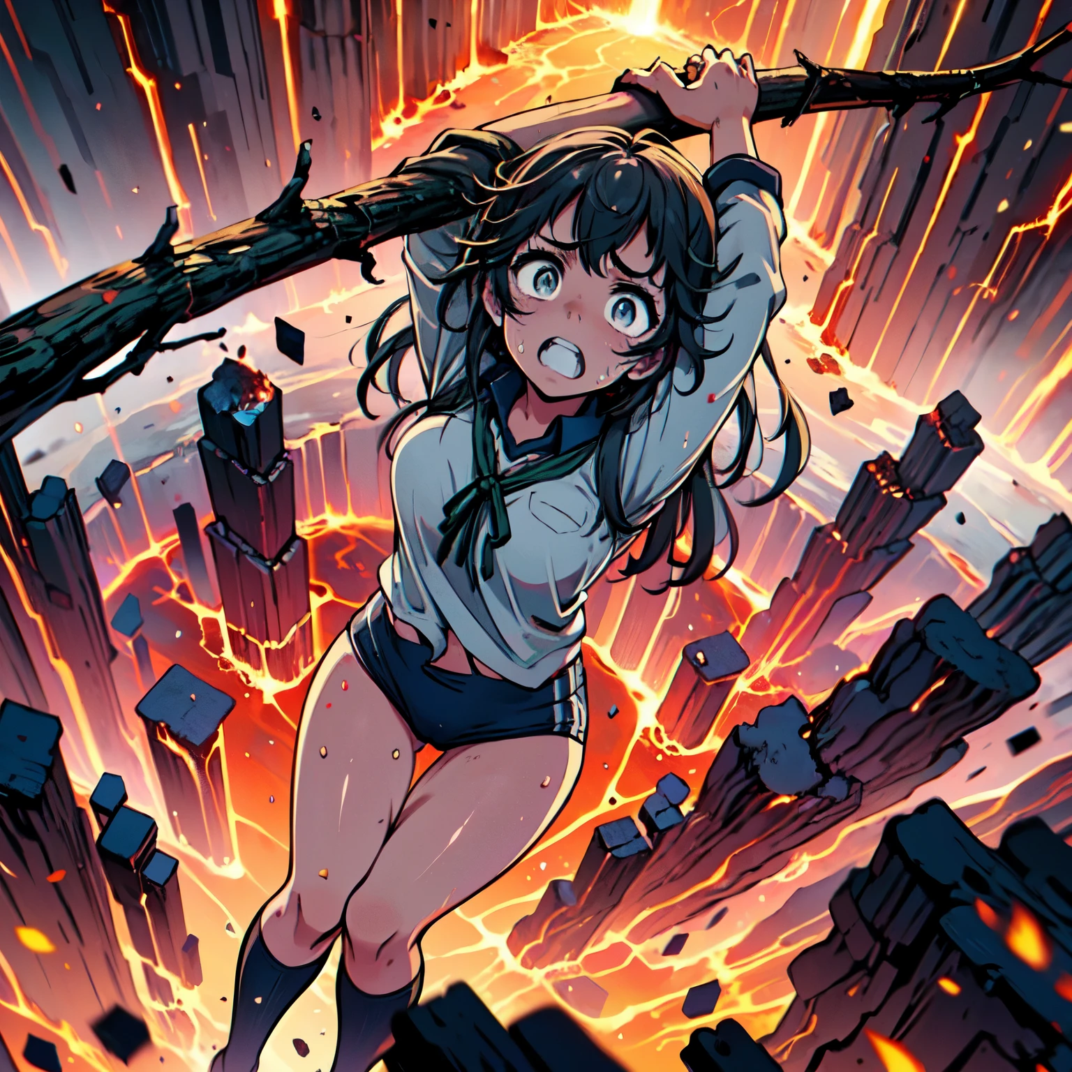 masterpiece,best quality,highly detailed,1girl,solo,scared,raised eyebrows,constricted pupils,surprised,clenched teeth,sweat,sweatdrop,purple eyes,black hair,long hair,lycoris uniform,green ribbon,long sleeves,black gymnastics bloomers,high leg,self wedgie,collared shirt,kneehighs,
BREAK
(((hanging from branch in high position, arms up))),hanging from branch,holding branch,grabbing branch,close-up,outdoors,foreshortening,perspective,from above,scenery,(((fire,lave, fire storm,))),