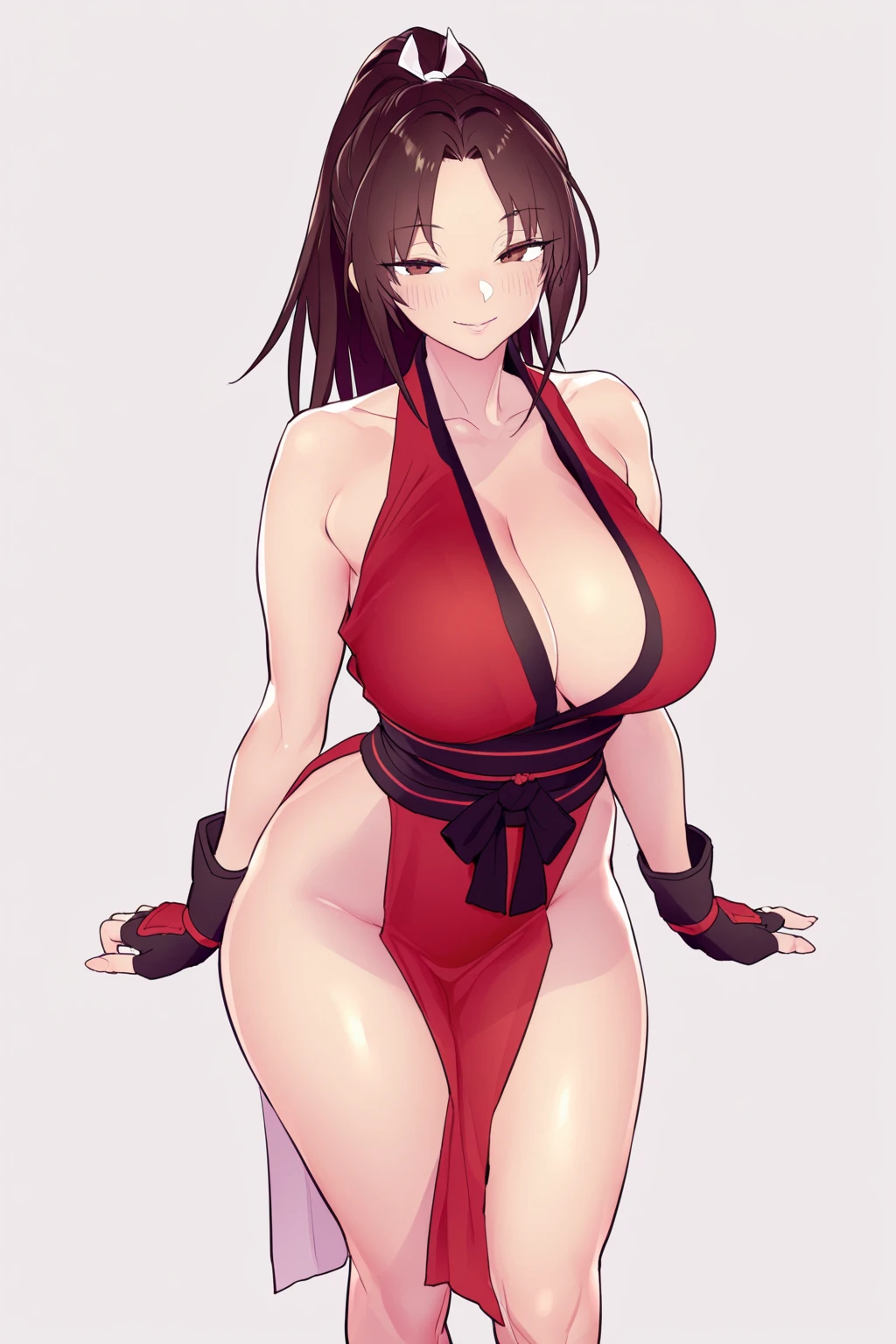 masterpiece, best quality, <lora:shiranui mai:1.5 >, red theme, brown hair, japanese clothes, japanese clothes, medium breasts, sleeveless, highleg panties, high ponytail, bangs, hand fan