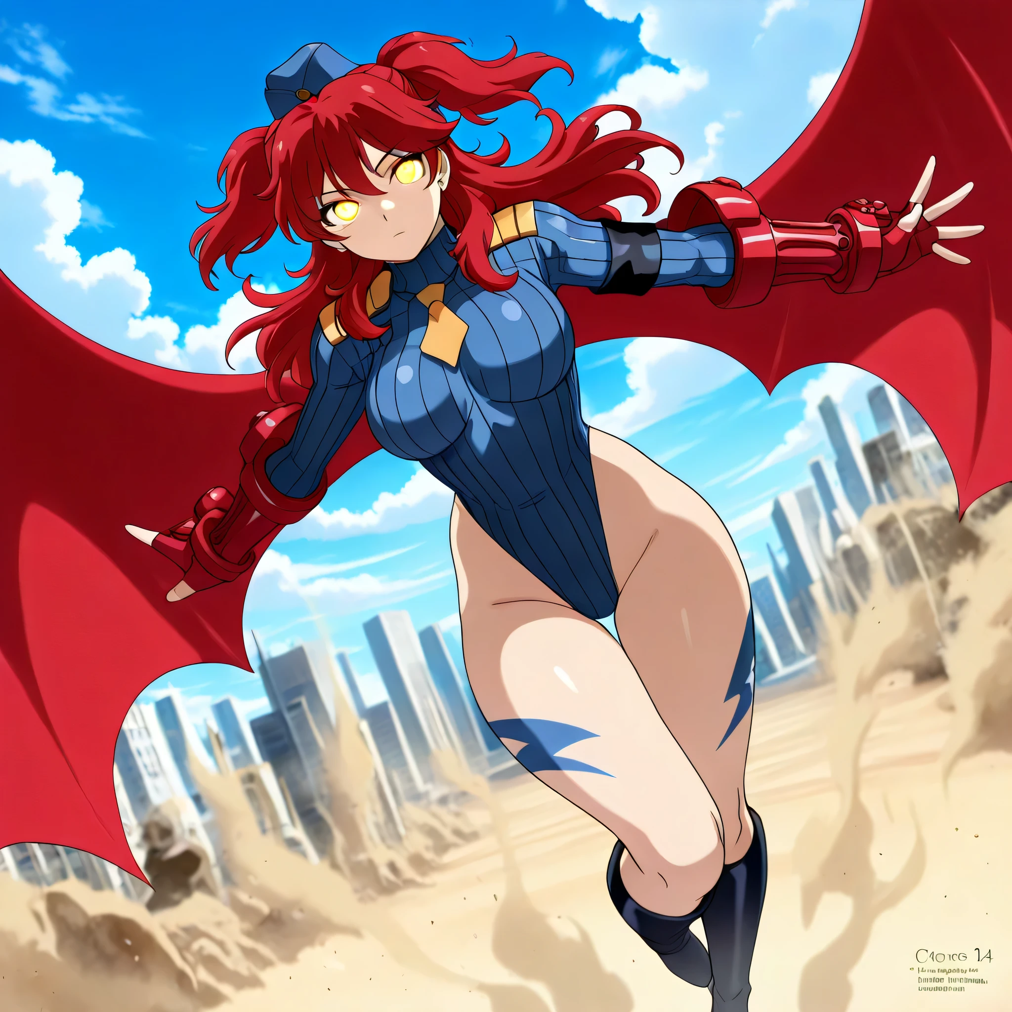 (((Masterpiece))), (((Best Quality))), ((Super Detail)), ultra-High resolution, score_9,score_8_up,score_7_up,score_6_up,score_5_up,score_4_up, BREAK, source_anime, anime screencap, uncensored, Masterpiece, (best shadow), (absurdres), (detailed background), (very aesthetic), shiny, detailed beautiful eyes, outstanding, countershading, detailed soft lighting, an exquisite animation illustration, curvy, shadaloo dolls, red gloves, hat, fingerless gloves, gauntlet, red gauntlet, leotard, cosplay, highleg, highleg leotard, garrison cap, dark persona, ribbed leotard, yellow necktie, (((solo, 1girl))), hair ornament, seductive pose, submissive pose, anime style, anime coloring, animification, megami magazine, sexy pose, large breast, Nena Trinity, red hair, long_hair, twin tails, yellow_eyes, two side up, yellow eyes, freckles, spreading arms, spreading hand, expressionless, emotionless, red particles, red wings particles, sky, in flight, angel, dappled light, floating, falling, glowing eyes, sky, blue sky, cloud, standing still, standing at attention, standing on sky, flying down, full body, wide shot