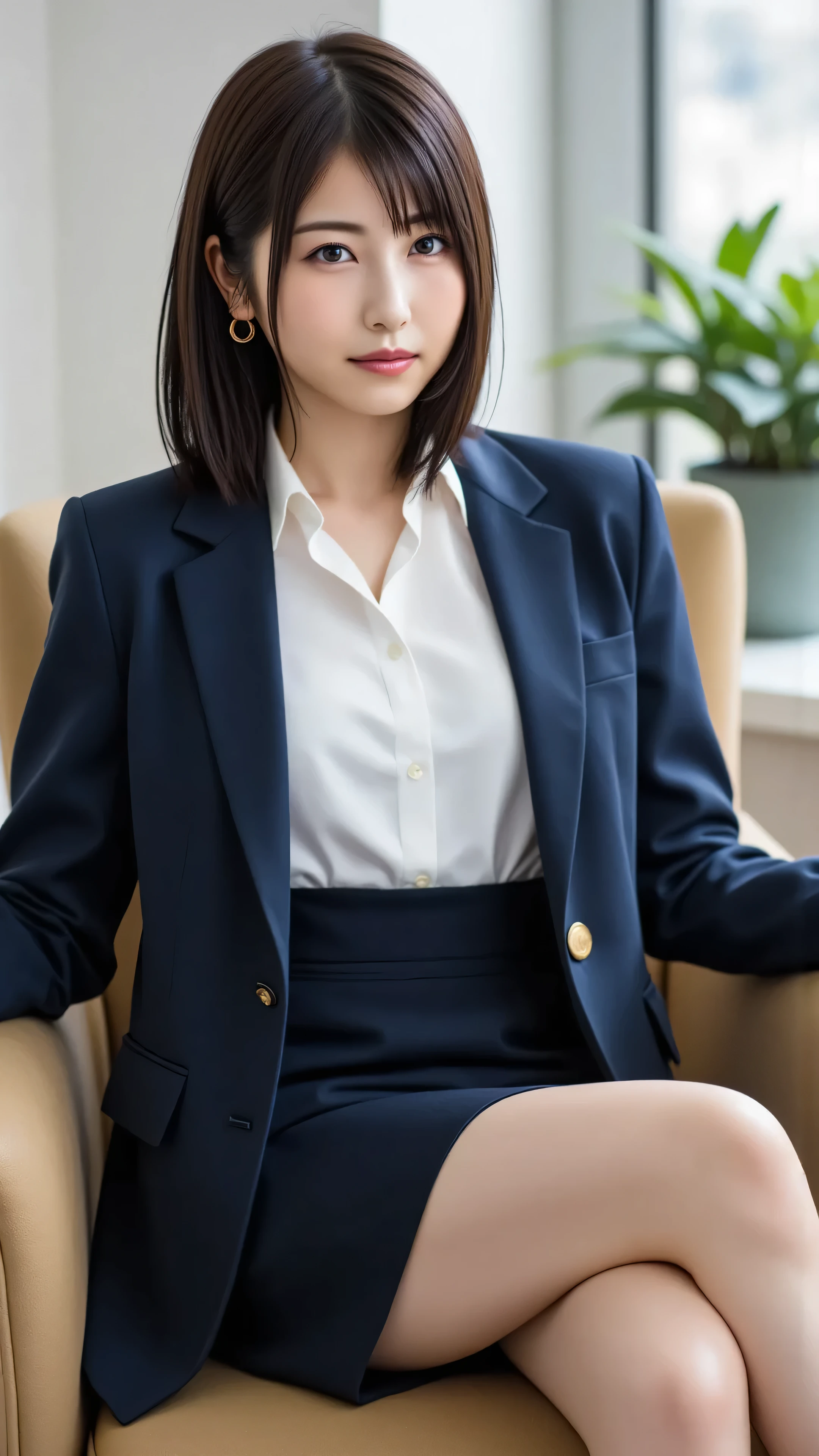 ((( Masterpiece)))、(((Highest Quality)))、(((Beauty Painting)))、REALISTIC PORTRAIT、 8k、 beautiful woman:20 years old:accurate anatomy、 beautiful face、 beautiful hair:short hair、 Beautiful Eyes、 beautiful breasts:F cup、 beautiful body、 Beautiful legs、((white blouse that can touch your inner thighs:dark blue jacket:tight skirt that can be folded from above:black stockings))、office、best hair and skin texture、 sitting on a chair and crossing my legs:model pose、Realistic 、 natural light、 high resolution image、A full-body image of a woman is shown、photorealistic、
