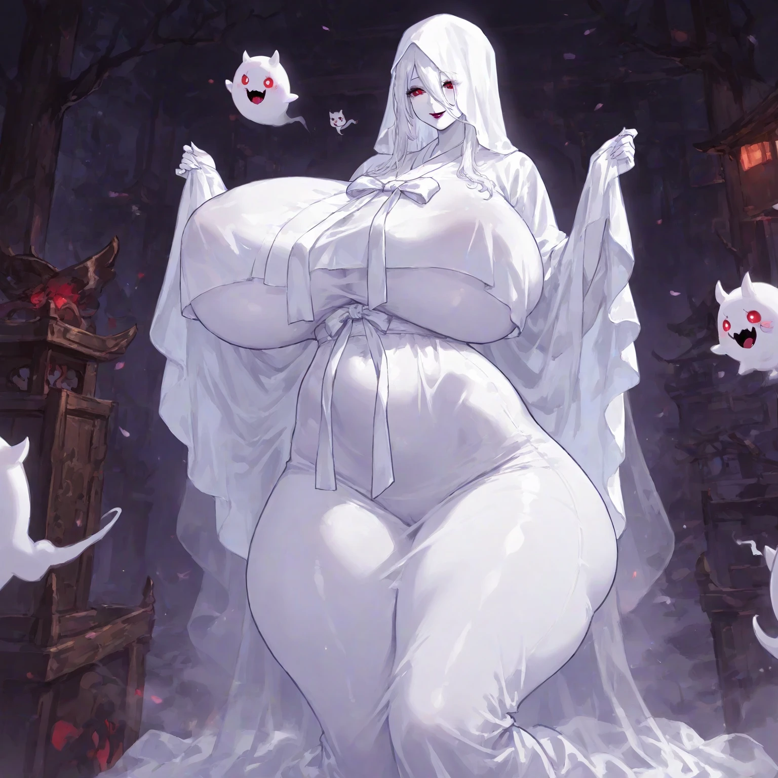 score_9, score_8_up, score_7_up, score_6_up, score_5_up, score_4_up, solo, necromancer lady, white hair, long fluffy side locks, hair tubes, big thick full lips, ((pouted lips)), ((mature woman)), ((NSFW)), sexy, gold bracelets and necklaces, ((body jewelry)), topless, (((hooded cloak))), tattered black cloak, tattered pelvic black curtain, ((blindfold)), pelvic curtain, sandals, (((gigantic breasts))), ((sagging breasts)), big nipples, wide hips, thick thighs, intricate details, detailed background, sharp focus, ((underground tomb)), ((dark souls mixed with final fantasy style)), mist fog, gravestones, moon, spirits, dynamic, expressive, bleak world, (((
