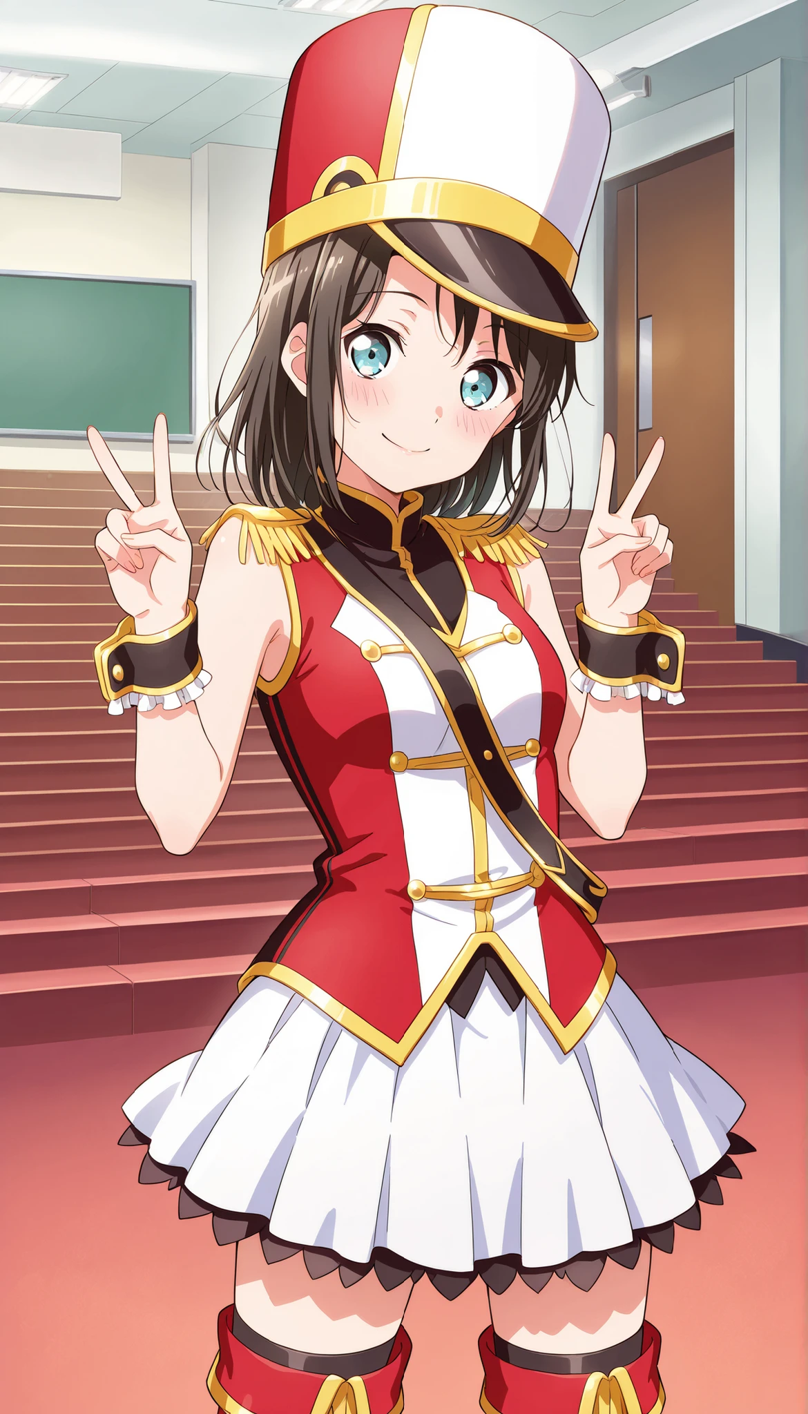 score_9, score_8_up, score_7_up, source_anime,solo, 1girl,<lora:Misaki_Okusawa:1>,Misaki Okusawa, ,kokorohhw, hhw skirt, hhw shako cap, hhw band uniform, hhw wrist cuffs, hhw thigh boots, closed mouth,small breast, rouge lips , standing , live waiting room,cowboy shot ,smile ,blushing, double_v,