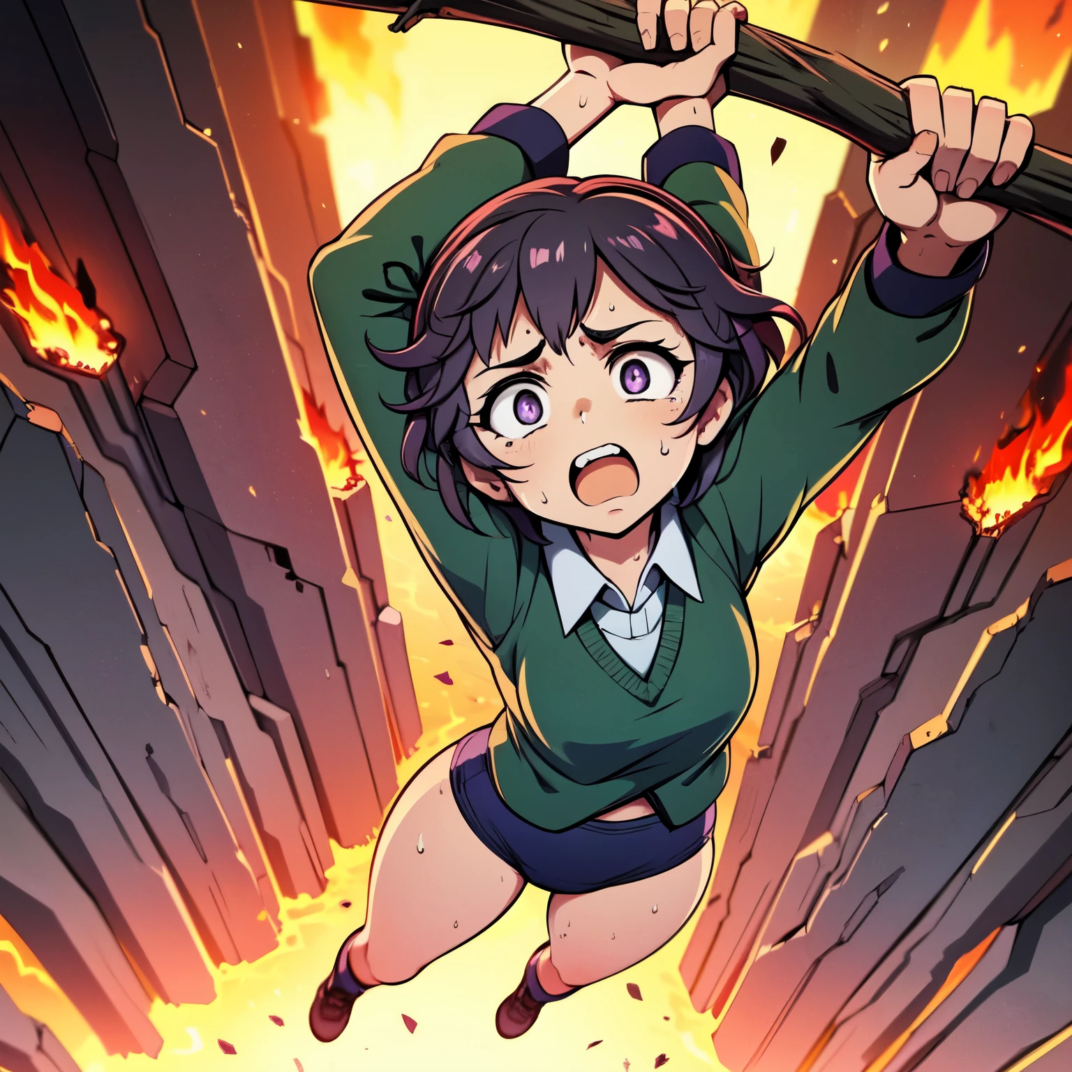 masterpiece,best quality,highly detailed,1girl,solo,scared,raised eyebrows,constricted pupils,surprised,clenched teeth,sweat,sweatdrop,purple eyes,black hair,long hair,lycoris uniform,green ribbon,long sleeves,black gymnastics bloomers,high leg,self wedgie,collared shirt,kneehighs,
BREAK
(((hanging from branch in high position, arms up))),hanging from branch,holding branch,grabbing branch,close-up,outdoors,foreshortening,perspective,from above,scenery,(((fire,lave, fire storm,))),