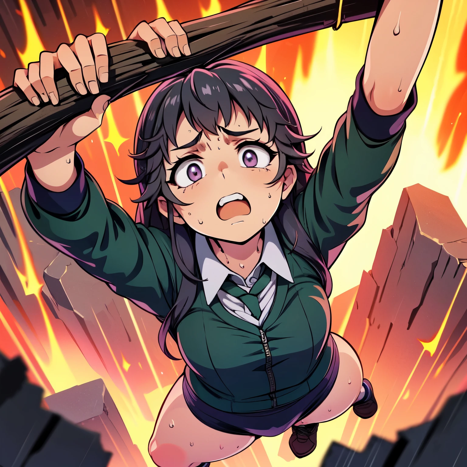 masterpiece,best quality,highly detailed,1girl,solo,scared,raised eyebrows,constricted pupils,surprised,clenched teeth,sweat,sweatdrop,purple eyes,black hair,long hair,lycoris uniform,green ribbon,long sleeves,black gymnastics bloomers,high leg,self wedgie,collared shirt,kneehighs,
BREAK
(((hanging from branch in high position, arms up))),hanging from branch,holding branch,grabbing branch,close-up,outdoors,foreshortening,perspective,from above,scenery,(((fire,lave, fire storm,))),