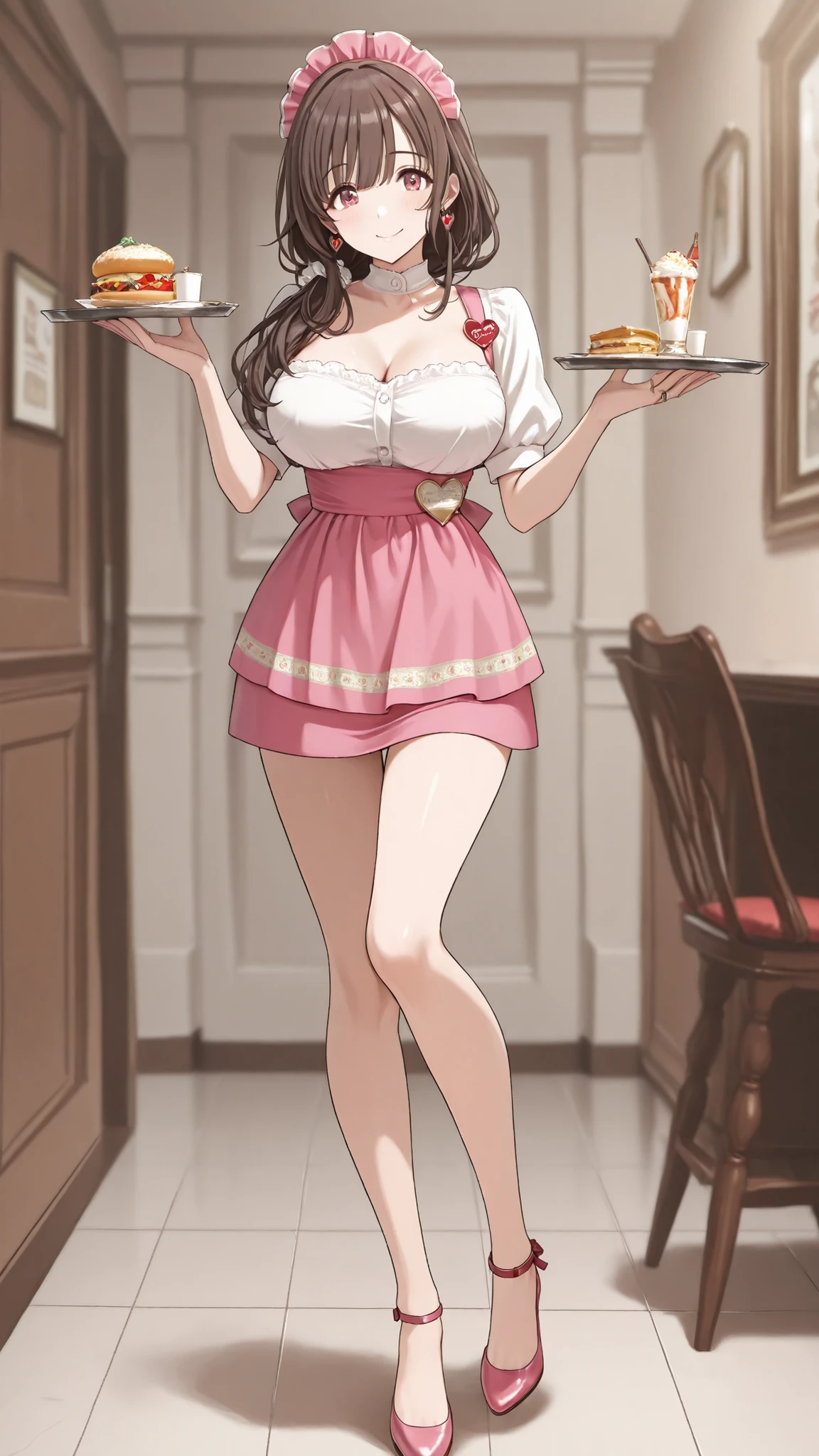 Mature Woman女性, Housewife, she closes her mouth、smiles gently,full body,kind eyes, brown hair, low long hair, pink waitress costume__ very short skirt ,Panties are watching ,Black High Heels,anklet,ring on ring finger of left hand,heart earrings, Disconnect, Mature Woman, With soft light, more information, Highest Quality, big breasts,Beautiful Breasts, erect nipples,sexy cleavage,Tray on the right hand,seductive thighs,, I use a menu table to deal with customers,A lot of male customers are looking at beautiful women