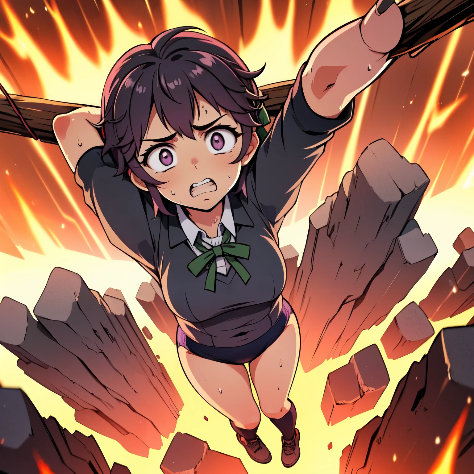 masterpiece,best quality,highly detailed,1girl,solo,scared,raised eyebrows,constricted pupils,surprised,clenched teeth,sweat,sweatdrop,purple eyes,black hair,long hair,lycoris uniform,green ribbon,long sleeves,black gymnastics bloomers,high leg,self wedgie,collared shirt,kneehighs,
BREAK
(((hanging from branch in high position, arms up))),hanging from branch,holding branch,grabbing branch,close-up,outdoors,foreshortening,perspective,from above,scenery,(((fire,lave, fire storm,))),