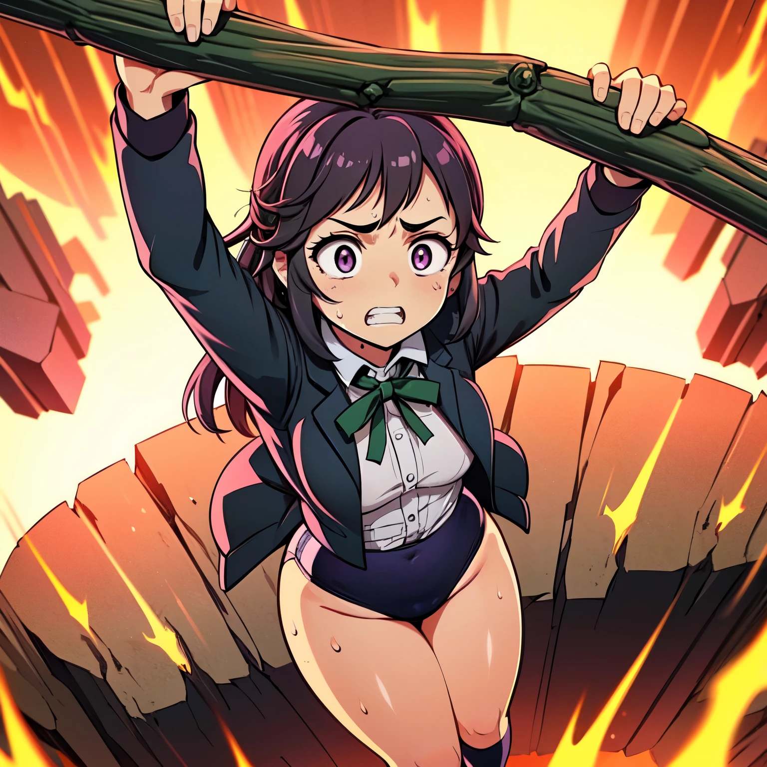 masterpiece,best quality,highly detailed,1girl,solo,scared,raised eyebrows,constricted pupils,surprised,clenched teeth,sweat,sweatdrop,purple eyes,black hair,long hair,lycoris uniform,green ribbon,long sleeves,black gymnastics bloomers,high leg,self wedgie,collared shirt,kneehighs,
BREAK
(((hanging from branch in high position, arms up))),hanging from branch,holding branch,grabbing branch,close-up,outdoors,foreshortening,perspective,from above,scenery,(((fire,lave, fire storm,))),