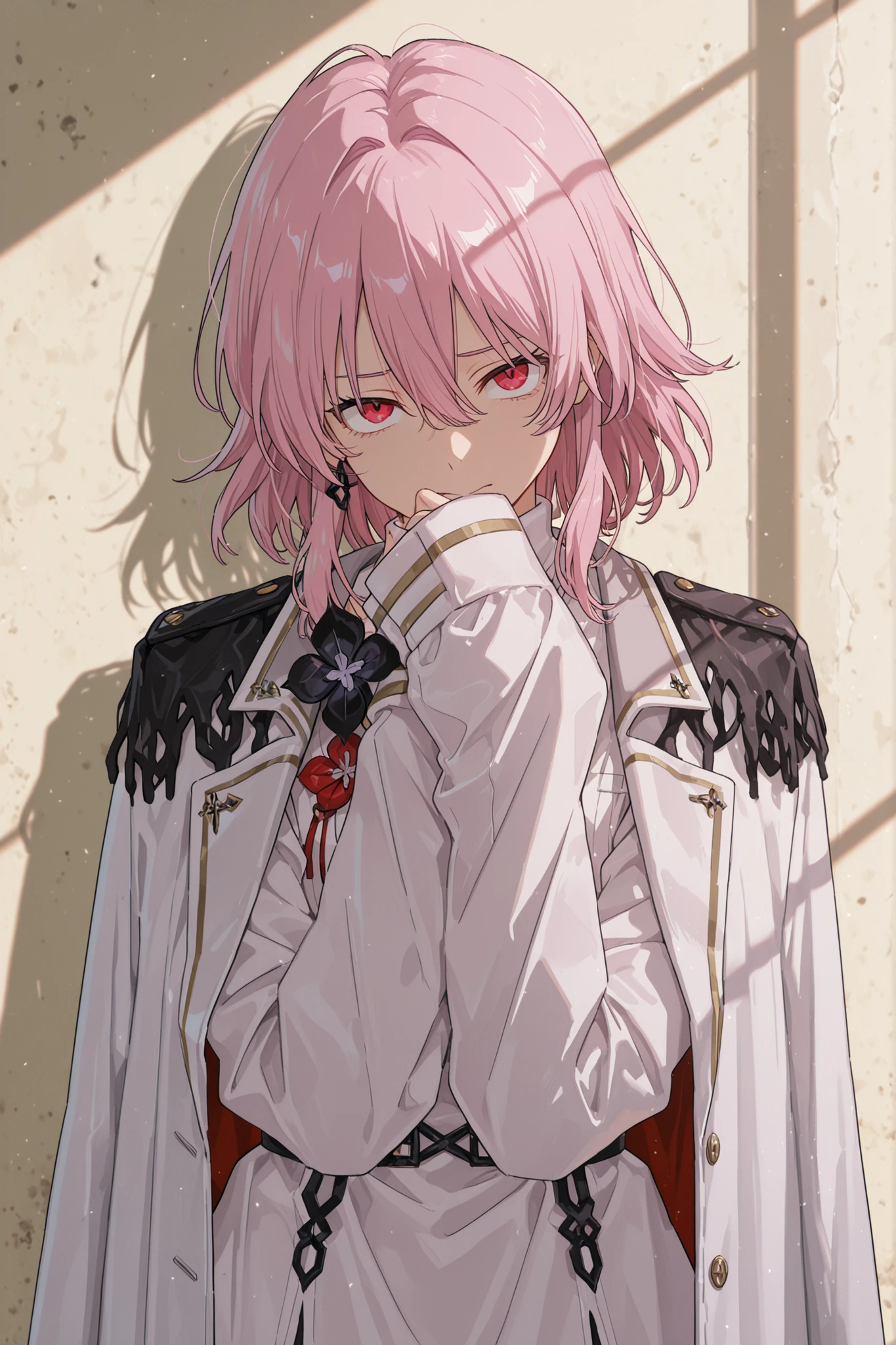 l1mbu5v3ll,(looking at viewer, medium shot:1.22), (medium shot, three quarter shot:1.3), (1girl:0.95), solo, masterpiece, best quality, amazing quality, very aesthetic, high resolution, ultra-detailed, (soft shading, soft shadows, volumetric light:1.14), coat on shoulders, sleeves past fingers, epaulettes, march 7th, pink hair, black flower, red eyes, vicious expression, camellya