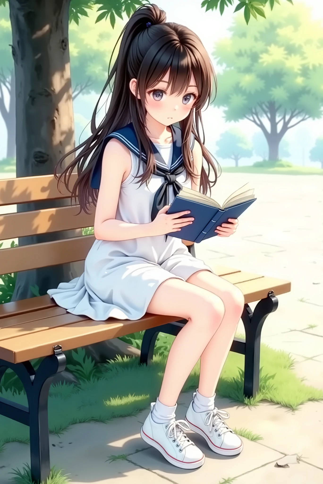 (A beautiful girl wearing a beautiful white sailor mini dress is sitting on a bench in the shade of a tree while reading a paperback book), girl wearing a beautiful white sailor mini dress has brown hair and a high ponytail、白く美しいセーラーミニワンピースを着ている,wearing white sneakers