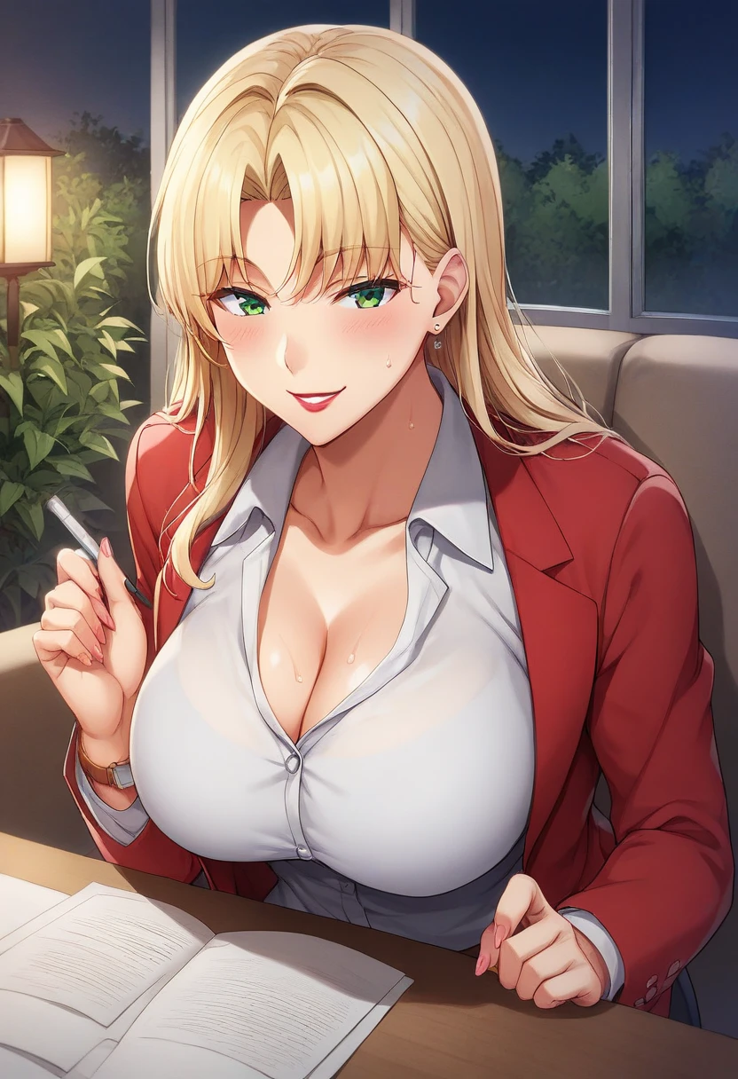 score_9, score_8_up, score_7_up, source_anime, rating_general, 1girl, mature female, Tsunade Senju, grey kimono, sleeveless, cleavage, table, chair, sitting, across table, blue pants, holding pen, cowboy shot, window, sky in background, hand raised, looking at viewer, 