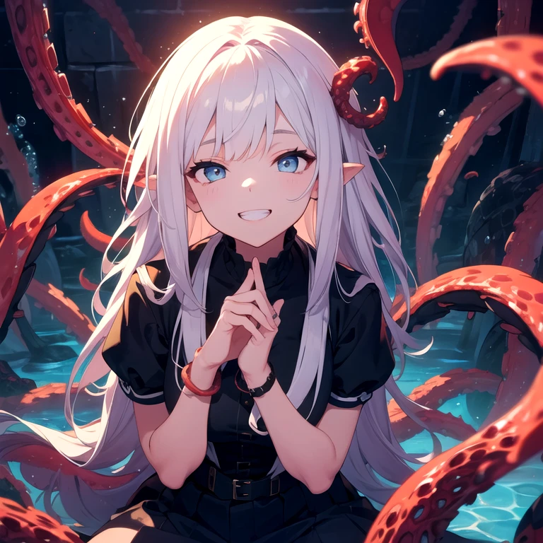 ((best quality)), ((highly detailed)), absurdres, (detailed eyes),(1girl,20 years old,solo,mature female),long hair,pink hair,(((white shirt,black standart tie,black skirt))),dynamic pose, cowboy shot, (((scylla))), (((octopus girl))), standing, (tentacles:1.33), (suction cups:1.33), (fused:1.33), ((tentacle legs)), squidlegs, ((underwater,sea, aurora,night)), serious,graceful,best hands