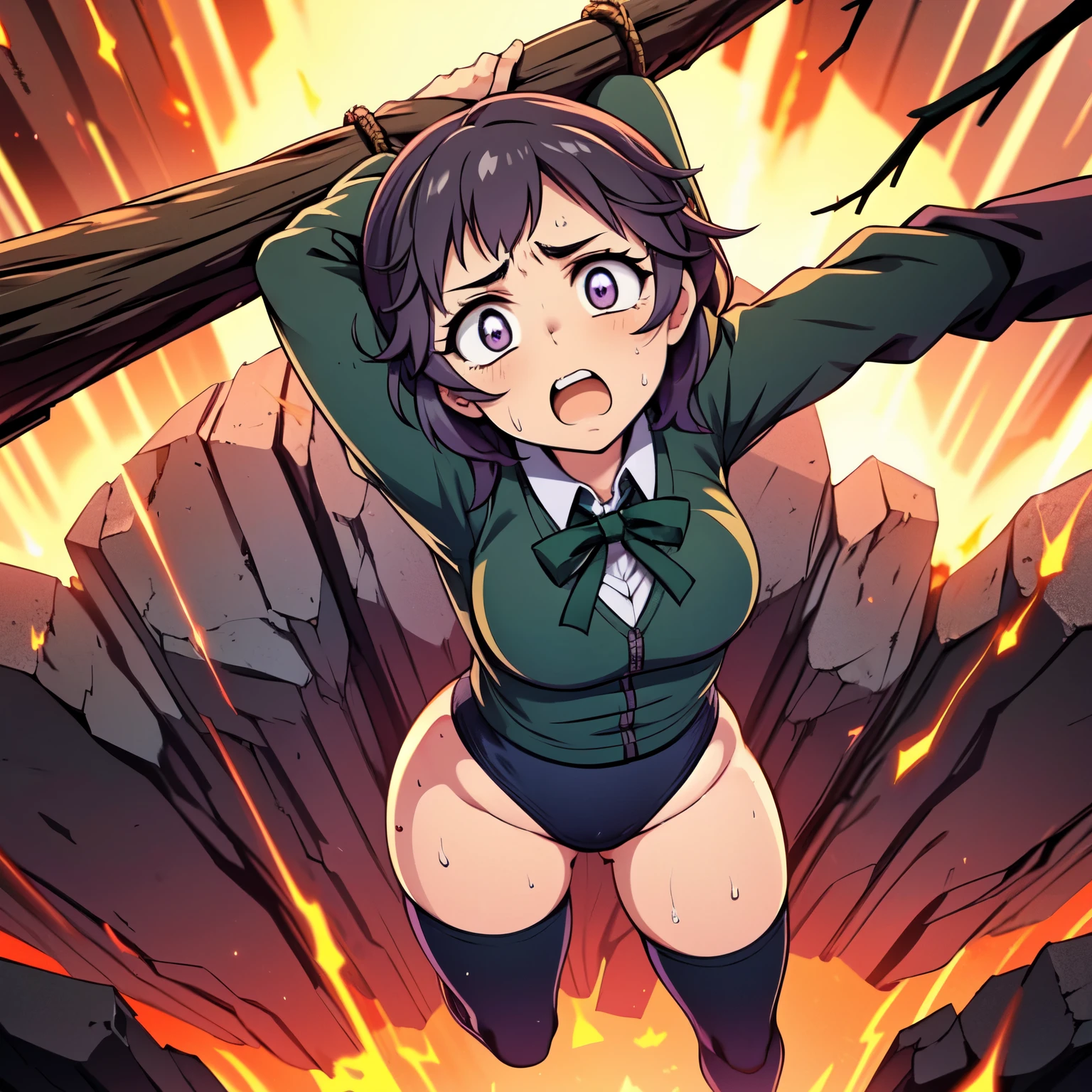 masterpiece,best quality,highly detailed,1girl,solo,scared,raised eyebrows,constricted pupils,surprised,clenched teeth,sweat,sweatdrop,purple eyes,black hair,long hair,lycoris uniform,green ribbon,long sleeves,black gymnastics bloomers,high leg,self wedgie,collared shirt,kneehighs,
BREAK
(((hanging from branch in high position, arms up))),hanging from branch,holding branch,grabbing branch,close-up,outdoors,foreshortening,perspective,from above,scenery,(((fire,lave, fire storm,))),