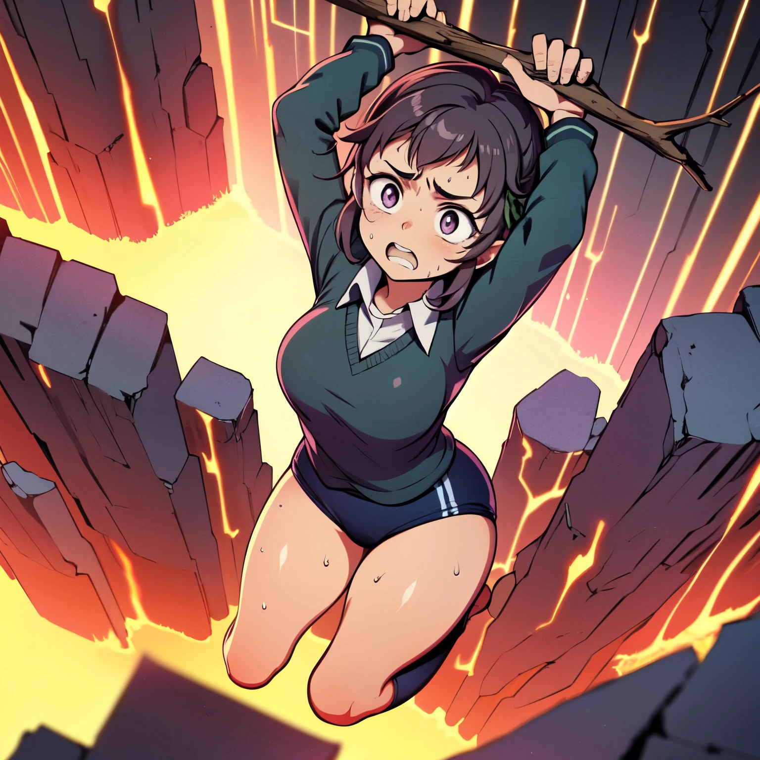 masterpiece,best quality,highly detailed,1girl,solo,scared,raised eyebrows,constricted pupils,surprised,clenched teeth,sweat,sweatdrop,purple eyes,black hair,long hair,lycoris uniform,green ribbon,long sleeves,black gymnastics bloomers,high leg,self wedgie,collared shirt,kneehighs,
BREAK
(((hanging from branch in high position, arms up))),hanging from branch,holding branch,grabbing branch,close-up,outdoors,foreshortening,perspective,from above,scenery,(((fire,lave, fire storm,))),