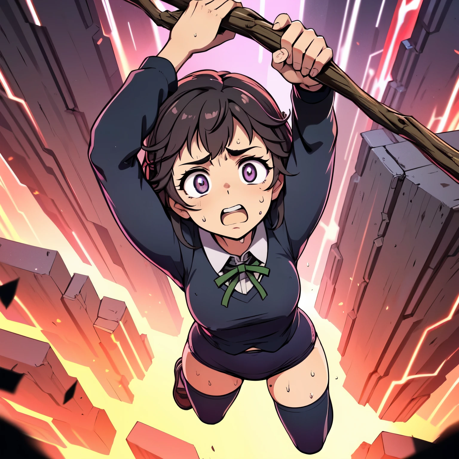 masterpiece,best quality,highly detailed,1girl,solo,scared,raised eyebrows,constricted pupils,surprised,clenched teeth,sweat,sweatdrop,purple eyes,black hair,long hair,lycoris uniform,green ribbon,long sleeves,black gymnastics bloomers,high leg,self wedgie,collared shirt,kneehighs,
BREAK
(((hanging from branch in high position, arms up))),hanging from branch,holding branch,grabbing branch,close-up,outdoors,foreshortening,perspective,from above,scenery,(((fire,lave, fire storm,))),
