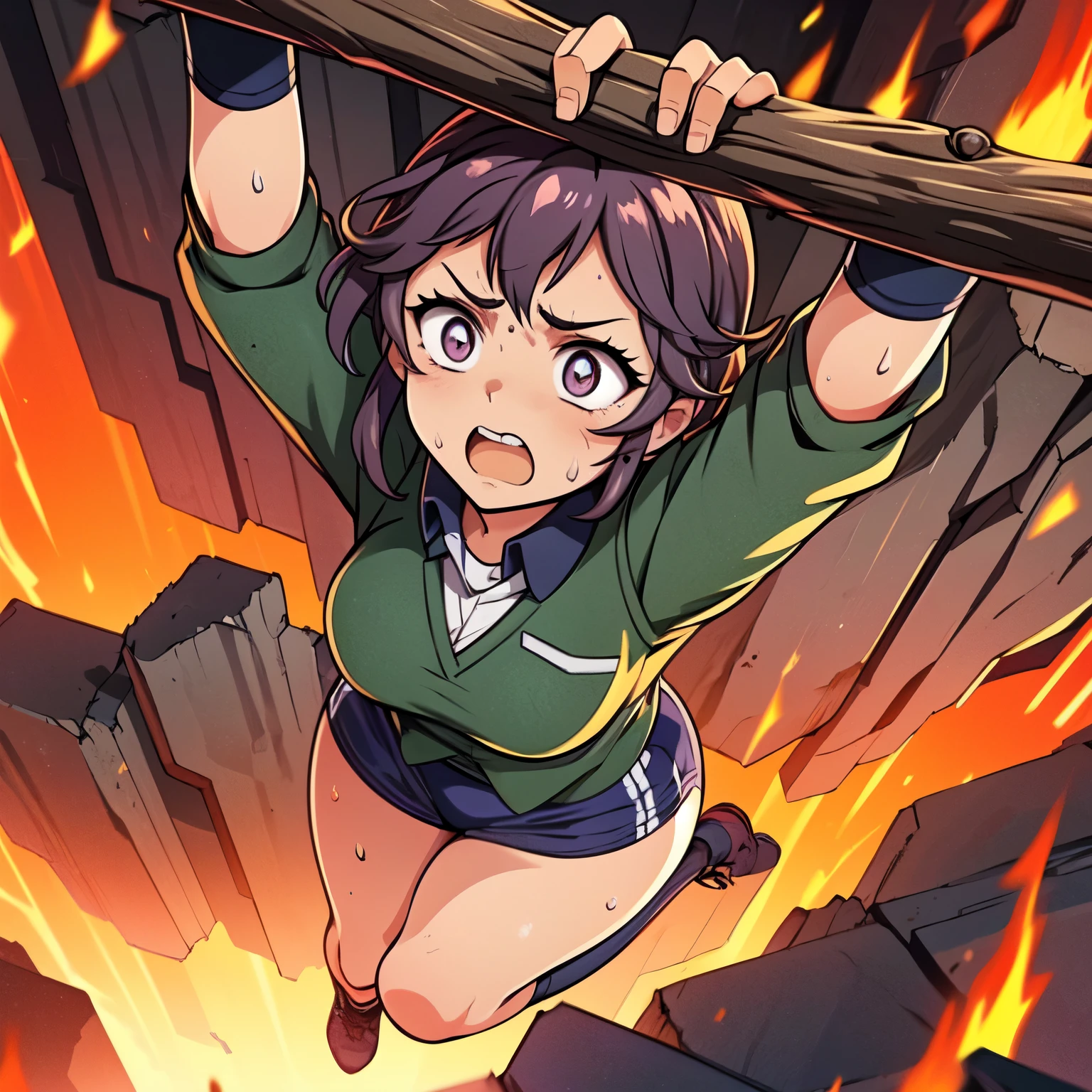 masterpiece,best quality,highly detailed,1girl,solo,scared,raised eyebrows,constricted pupils,surprised,clenched teeth,sweat,sweatdrop,purple eyes,black hair,long hair,lycoris uniform,green ribbon,long sleeves,black gymnastics bloomers,high leg,self wedgie,collared shirt,kneehighs,
BREAK
(((hanging from branch in high position, arms up))),hanging from branch,holding branch,grabbing branch,close-up,outdoors,foreshortening,perspective,from above,scenery,(((fire,lave, fire storm,))),