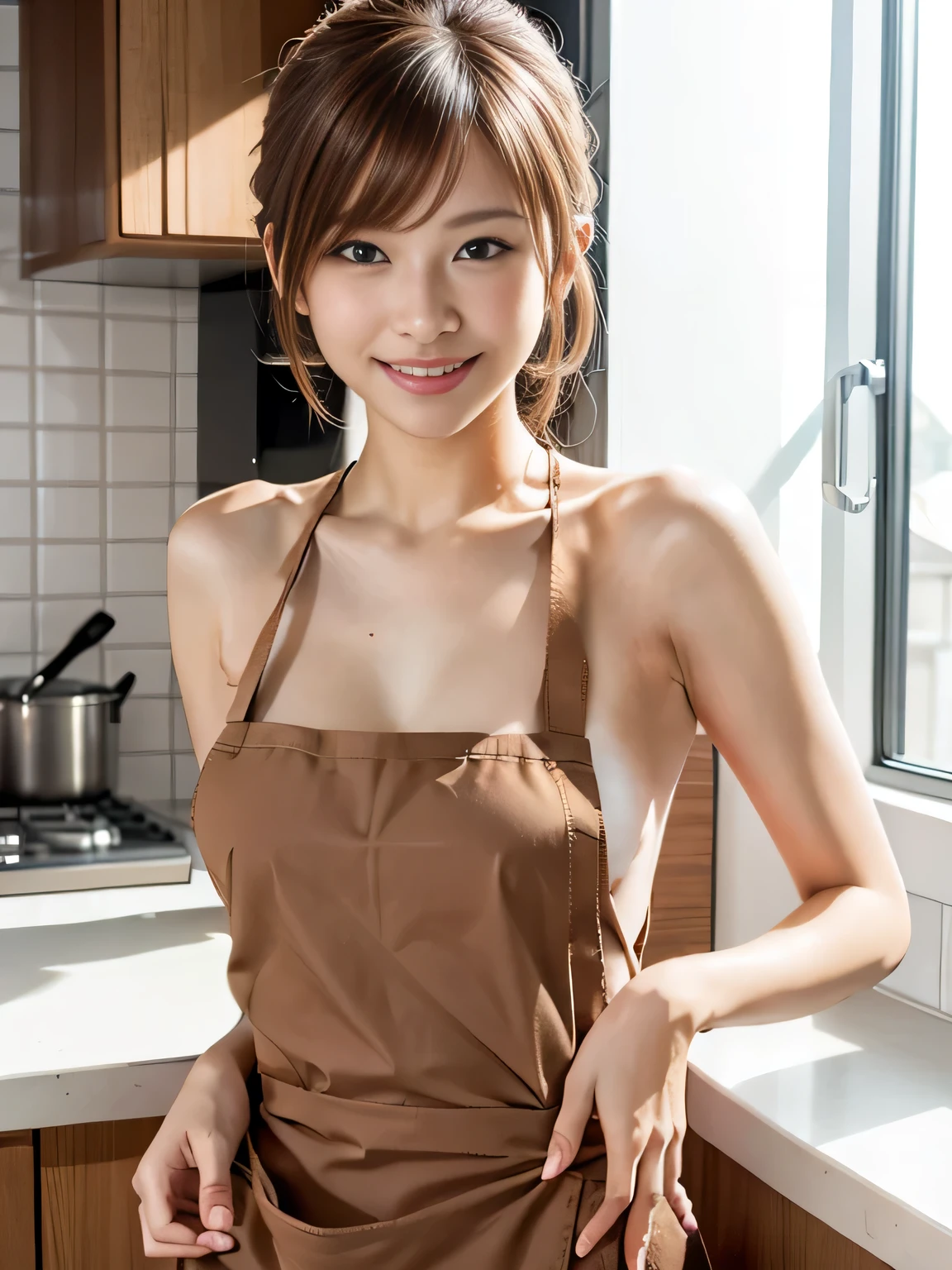 Highest quality、、 Compensate、masterpiece、Ultra-high resolution、Clear photos、Natural light、Very cute girl、The cutest Erina Mano、Baby Face、(Small breasts:1.6、Flat Chest:1.6)、Slender body、Tight waist、Very short bob cut、Brown Hair、smile、Delicate face、Beautiful Skin、(Naked and wearing a white apron:1.4)、slouch、Her cleavage is visible、kitchen、Head to knee photo:1.8