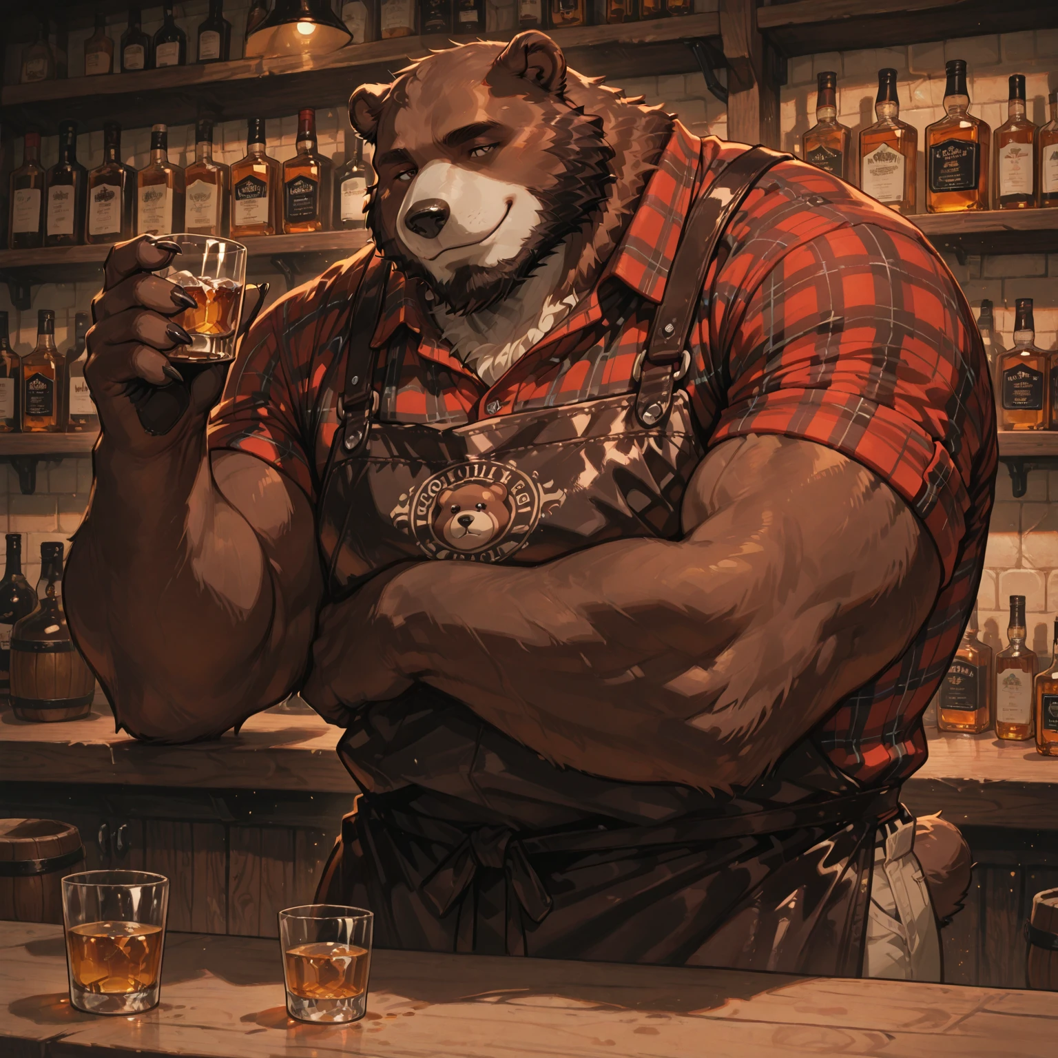 New Jersey 5 Hairy,polar bear，Full body portrait of an individual,exquisite， chubby，Fat，thick arms，Rugged muscles， from the waist down，White plush fur，chubby脸，black eyebrows，sky blue eyes，black pupils，beard，Soaked shorts，sweating，Tavern，sit down，drink wine，tipsy，Smile