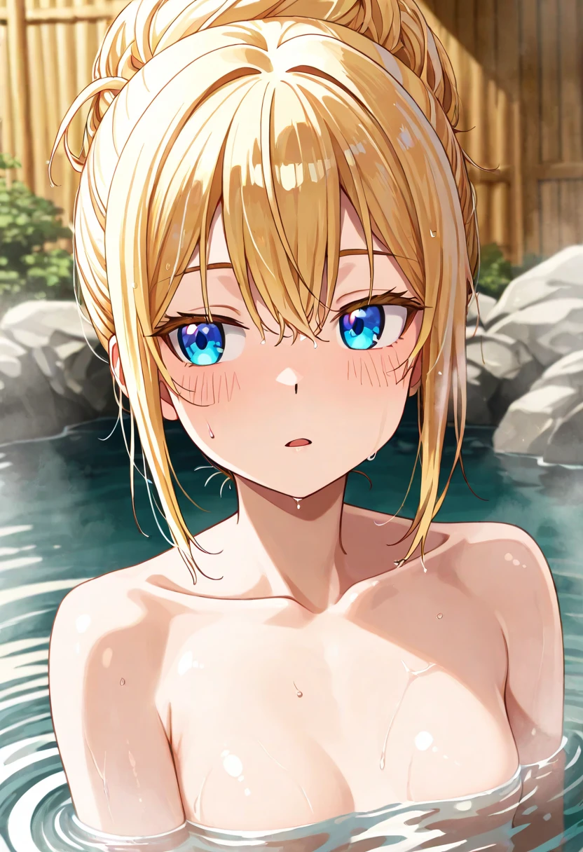 highest quality, masterpiece, High resolution,８k,beautiful light, alone,Artoria Pendragon, {Saber_fate stay night ufo table:0.90}, official art,sitting, （Japanese hot spring inn at night）,(((full nude))),legs closed,(perfect nipples),perfect thighs,Perfect navel,(perfect eyes),perfect arms,blonde,blush,,wet skin,small breasts,perfect upper arms,looking at the viewer