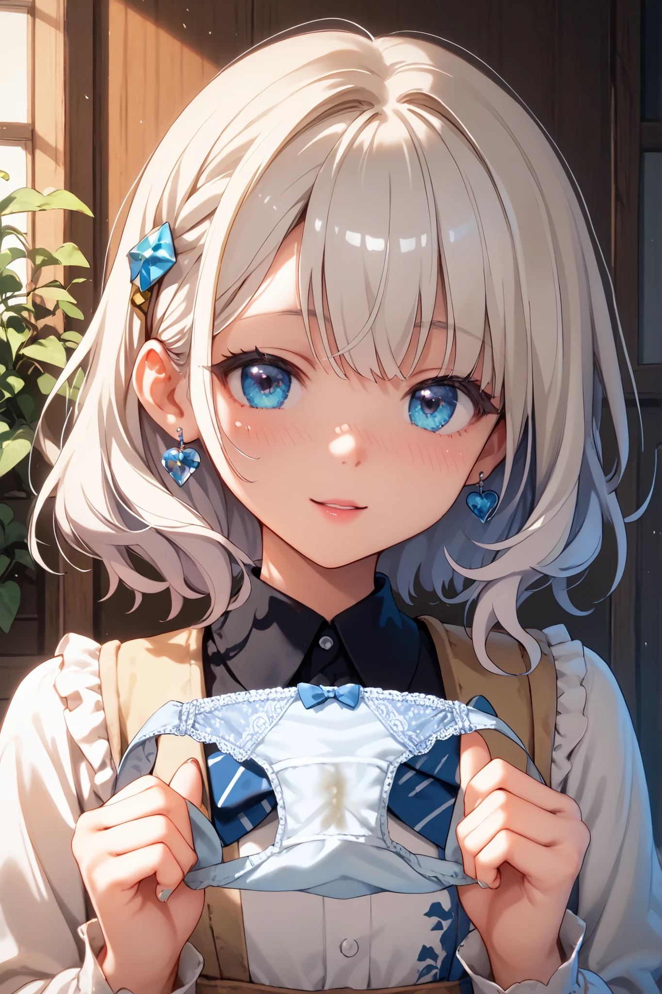 Masterpiece, top quality, หญิงสาวสวย 1 คน,underwear,  Holding underwear(Dirty love), Upper body,from the front, love water stained lace panties、Holding underwearที่สกปรกด้วยมือทั้งสองข้าง,Steam rises from dirty panties 、show off your love water stains、