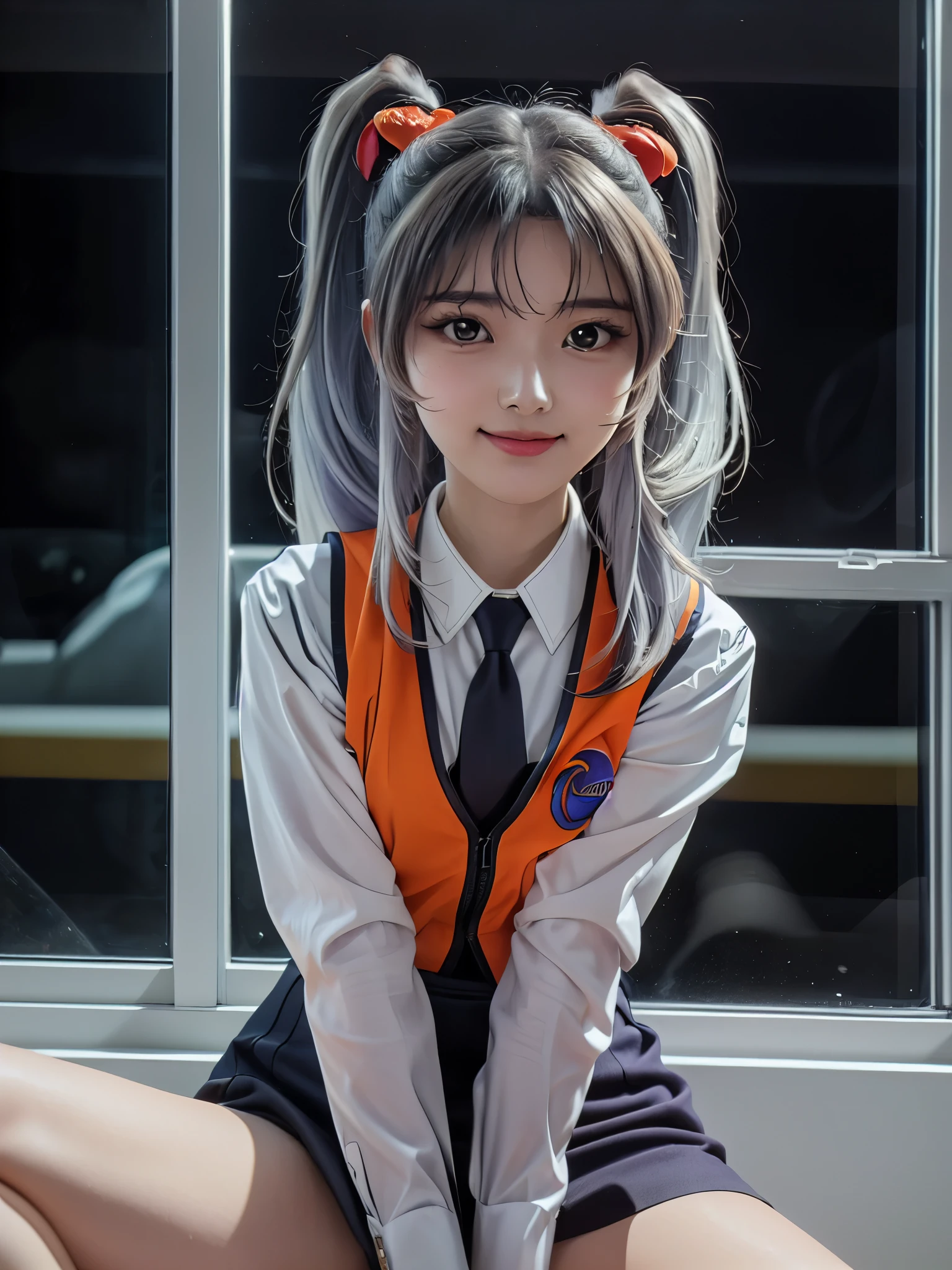 1girl, solo, 16 years old, beautiful girl, Japanese girl, (smile, Looking at camera),
upper body, (((Spread your legs))), active pose, Swayback stance, Seductive pose, dynamic angle,
BREAK
RH, shirt, white shirt, long sleeves, stick tie, black tie, vest, ((orange vest)), sleeveless vest, black skirt, tight skirt,
BREAK
hoshino_ruri_(nadesico), yellow eyes, (light White Purple hair:1.2, twintails, red hair ornament),
BREAK
(((spacecraft, space, indoors, mecha, Mars is visible outside the window.))),
(masterpiece, best quality:1.4), (8k, raw photo, photo realistic:1.2), cinematic lighting, soft lighting, shiny skin, detailed skin, detailed face, detailed eyes, (textured skin, skin pores:1.1),
pale skin, fair skin, photo of perfecteyes eyes, perfecteyes eyes,