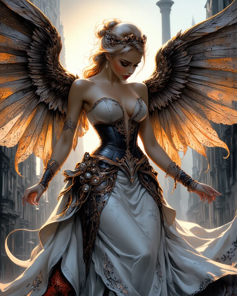 score_9, score_8_up, score_7_up, 1girl, angel, blonde hair, short hair, back view, standing, posing, black dress, opal, looking at viewer, white angel wings, feather wings, bright particles, darkness, gloom, black lace gloves, golden cherry blossom tones, Japanese aesthetic, lilies, explosive bright particles in the form of sparks of light, gold collar, black theme, black background <lora:pony/twilight_style:0.8> <lora:pony/expressiveh:0.8> expressiveh <lora:pony/neon_cyberpunk_splash_art:0.8>
