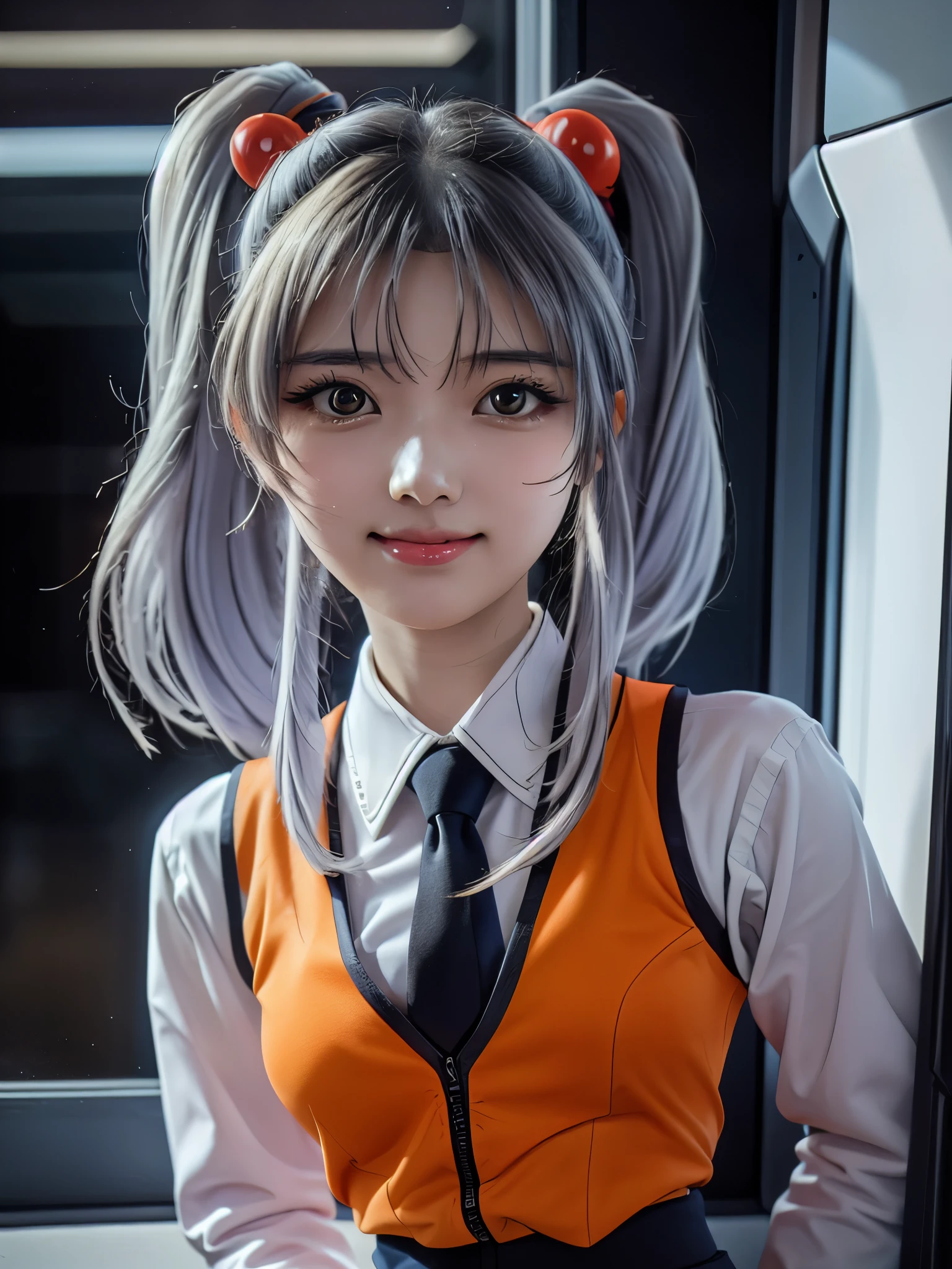 1girl, solo, 16 years old, beautiful girl, Japanese girl, (smile, Looking at camera),
upper body, active pose, Swayback stance, Seductive pose, dynamic angle,
BREAK
RH, shirt, white shirt, long sleeves, stick tie, black tie, vest, ((orange vest)), sleeveless vest, black skirt, tight skirt,
BREAK
hoshino_ruri_(nadesico), yellow eyes, (light White Purple hair:1.2, twintails, red hair ornament),
BREAK
(((spacecraft, space, indoors, mecha, Mars is visible outside the window.))),
(masterpiece, best quality:1.4), (8k, raw photo, photo realistic:1.2), cinematic lighting, soft lighting, shiny skin, detailed skin, detailed face, detailed eyes, (textured skin, skin pores:1.1),
pale skin, fair skin, photo of perfecteyes eyes, perfecteyes eyes,