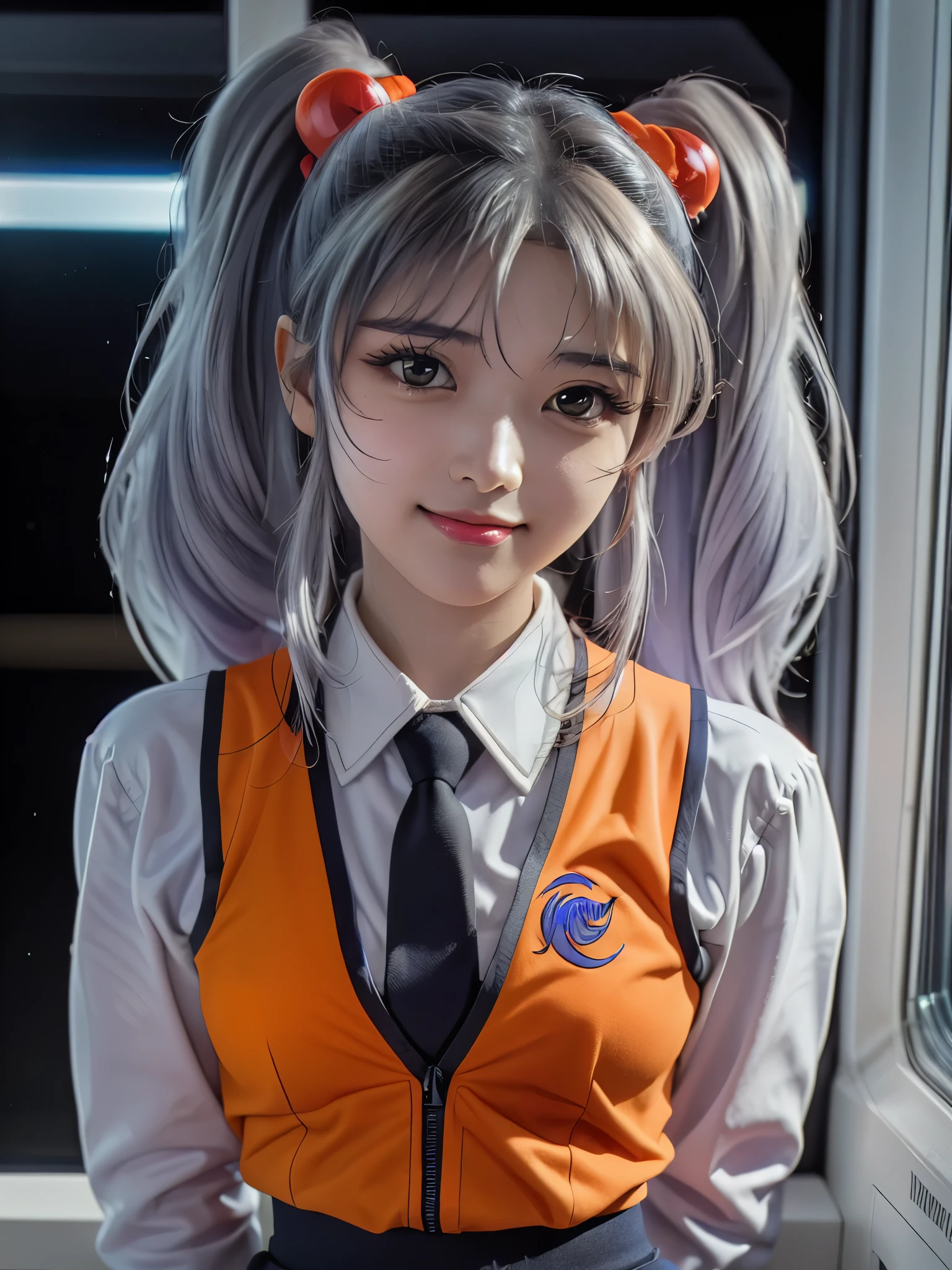 1girl, solo, 16 years old, beautiful girl, Japanese girl, (smile, Looking at camera),
upper body, active pose, Swayback stance, Seductive pose, dynamic angle,
BREAK
RH, shirt, white shirt, long sleeves, stick tie, black tie, vest, ((orange vest)), sleeveless vest, black skirt, tight skirt,
BREAK
hoshino_ruri_(nadesico), yellow eyes, (light White Purple hair:1.2, twintails, red hair ornament),
BREAK
(((spacecraft, space, indoors, mecha, Mars is visible outside the window.))),
(masterpiece, best quality:1.4), (8k, raw photo, photo realistic:1.2), cinematic lighting, soft lighting, shiny skin, detailed skin, detailed face, detailed eyes, (textured skin, skin pores:1.1),
pale skin, fair skin, photo of perfecteyes eyes, perfecteyes eyes,