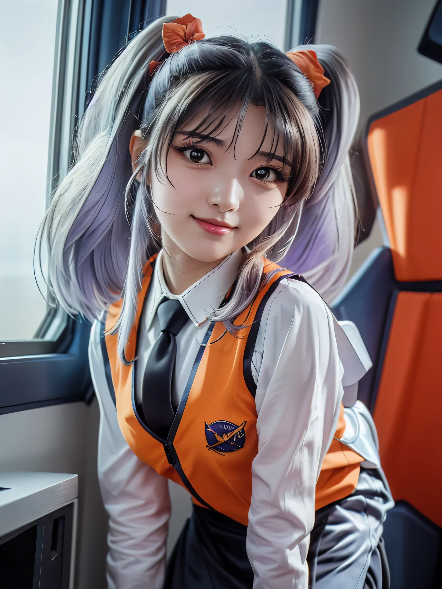 1girl, solo, 16 years old, beautiful girl, Japanese girl, (smile, Looking at camera),
upper body, active pose, Swayback stance, Seductive pose, dynamic angle,
BREAK
RH, shirt, white shirt, long sleeves, stick tie, black tie, vest, ((orange vest)), sleeveless vest, black skirt, tight skirt,
BREAK
hoshino_ruri_(nadesico), yellow eyes, (light White Purple hair:1.2, twintails, red hair ornament),
BREAK
(((spacecraft, space, indoors, mecha, Mars is visible outside the window.))),
(masterpiece, best quality:1.4), (8k, raw photo, photo realistic:1.2), cinematic lighting, soft lighting, shiny skin, detailed skin, detailed face, detailed eyes, (textured skin, skin pores:1.1),
pale skin, fair skin, photo of perfecteyes eyes, perfecteyes eyes,