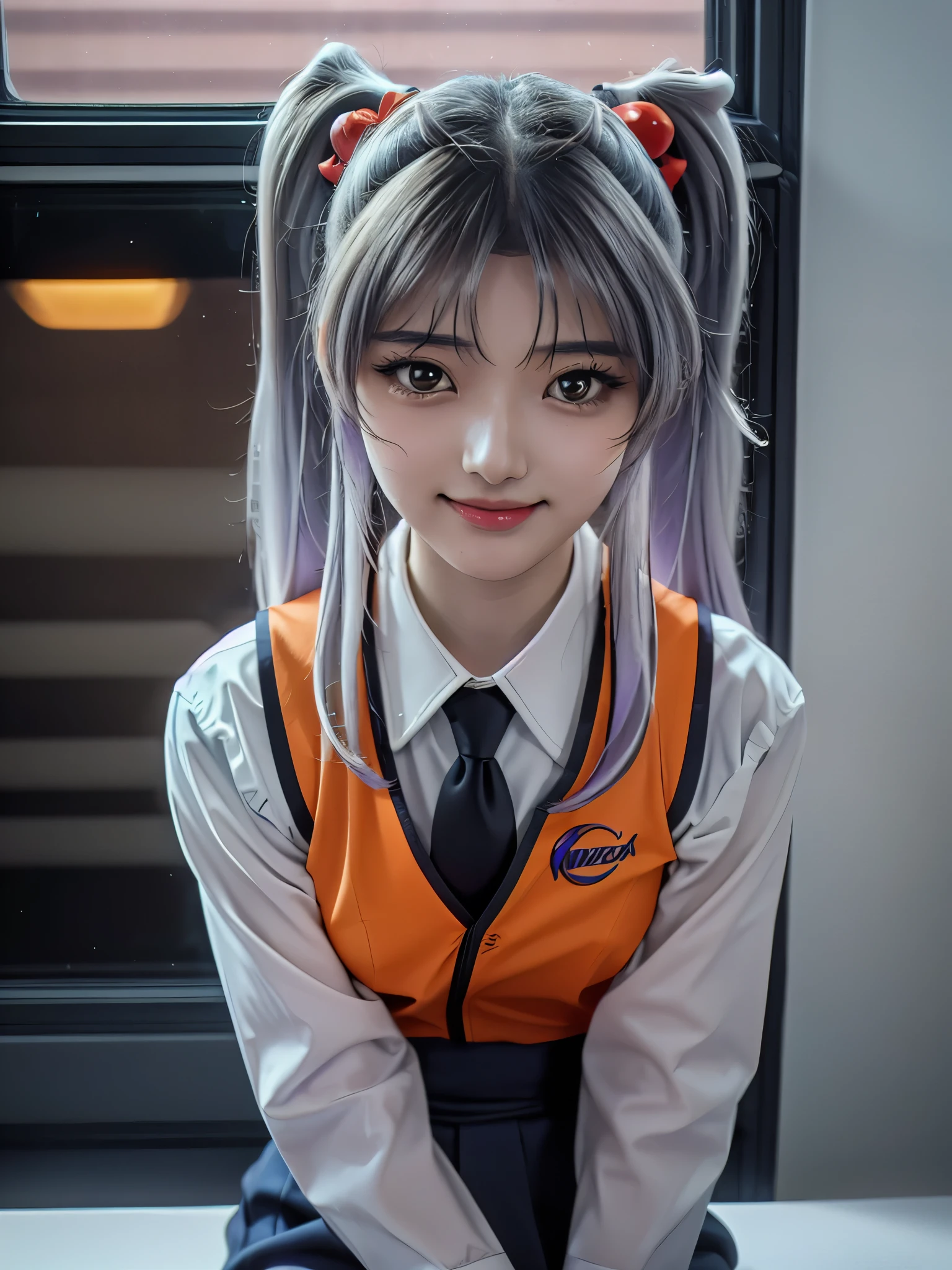 1girl, solo, 16 years old, beautiful girl, Japanese girl, (smile, Looking at camera), 
upper body, dynamic angle,
BREAK
RH, shirt, white shirt, long sleeves, stick tie, black tie, vest, ((orange vest)), sleeveless vest, black skirt, tight skirt,
BREAK
hoshino_ruri_(nadesico),  yellow eyes, (light White Purple hair:1.2, twintails, red hair ornament), 
BREAK
(((spacecraft, space, indoors, mecha, Mars is visible outside the window.))),
(masterpiece, best quality:1.4), (8k, raw photo, photo realistic:1.2), cinematic lighting, soft lighting, shiny skin, detailed skin, detailed face, detailed eyes, (textured skin, skin pores:1.1),
pale skin, fair skin, photo of perfecteyes eyes, perfecteyes eyes,