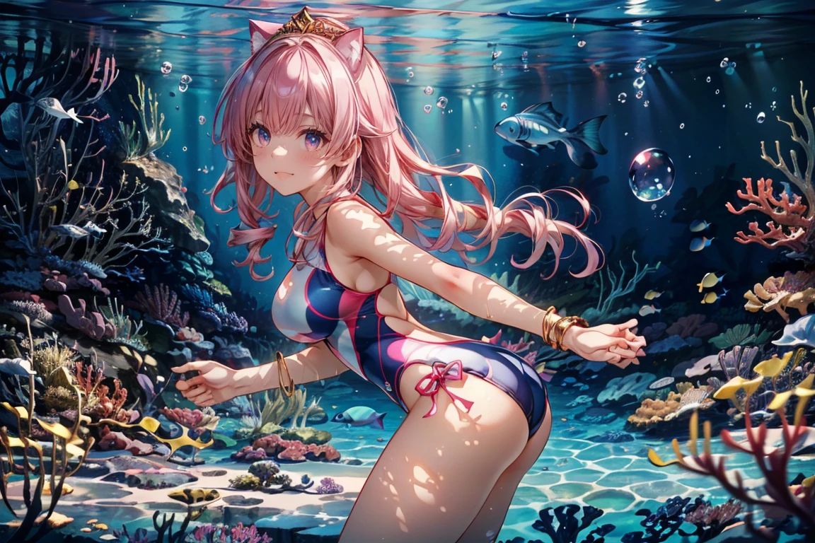 (8k, masutepiece, Best Quality, Official art, beautiful detailed, beautiful lighting, best masterpiece in history that exceeds limits), (1 Girl, solo), (sixteen years old), (beautiful detailed face), (wet shiny white skin), (Beautiful big bust:1.3), (thighs, navel), (beautiful detailed pink twin tails hair, bangs:1.3), (beautiful detailed drooping pink eyes:1.5), (Beautiful detailed cute white and pastel blue horizontal stripes micro bikini, side-tie_bikini_bottom, pastel blue ribbon:1.3), (happy smile:1.2), (dynamic angle, dynamic cut, Attractive, Look at the camera, cute pose), breathtaking scenery, (ultra detailed beautiful under the sea, tropical fish, white dolphin:1.2),
