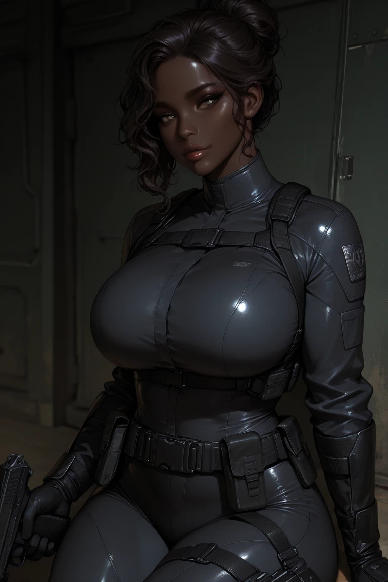 nsfw sexy, masterpiece, best quality, ultra-detailed, full body: 1.2, (((nsfw, sexy black girl, very big big breasts, black skin, slim body))), crop sci-fi armor open in front (nude, no clothes), full body dynamic action pose, slim body, clear smile, full body, multicolored, curly, frizzy, modern hair, modern accessories, pastel tone background, colorful and simple, two legs