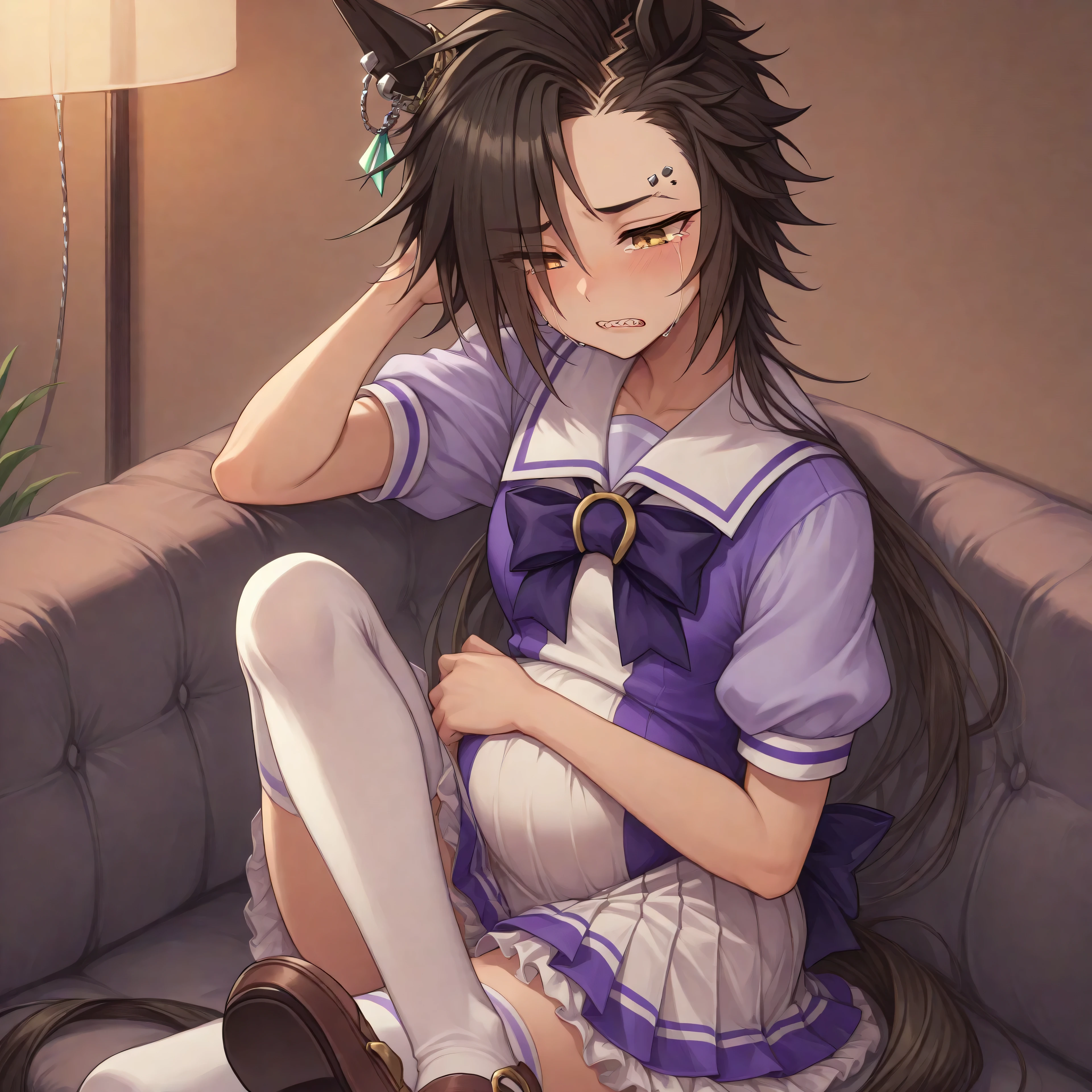 anime, lazypos, medium contrast, dark, high colorfulness, vibrant colors, in dormitory, sitting on couch, sad, depressed, crying, looking down, 1girl, solo, airshakurdef, horse tail, sharp teeth, asymmetrical bangs, horse ears, ear ornament, yellow eyes, eyebrow piercing, ear piercing, TracenShort, tracen school uniform, purple sailor shirt, white pleated skirt, white thighhighs, brown loafers, purple bow, puffy short sleeves, pregnant, hands on pregnant belly,
