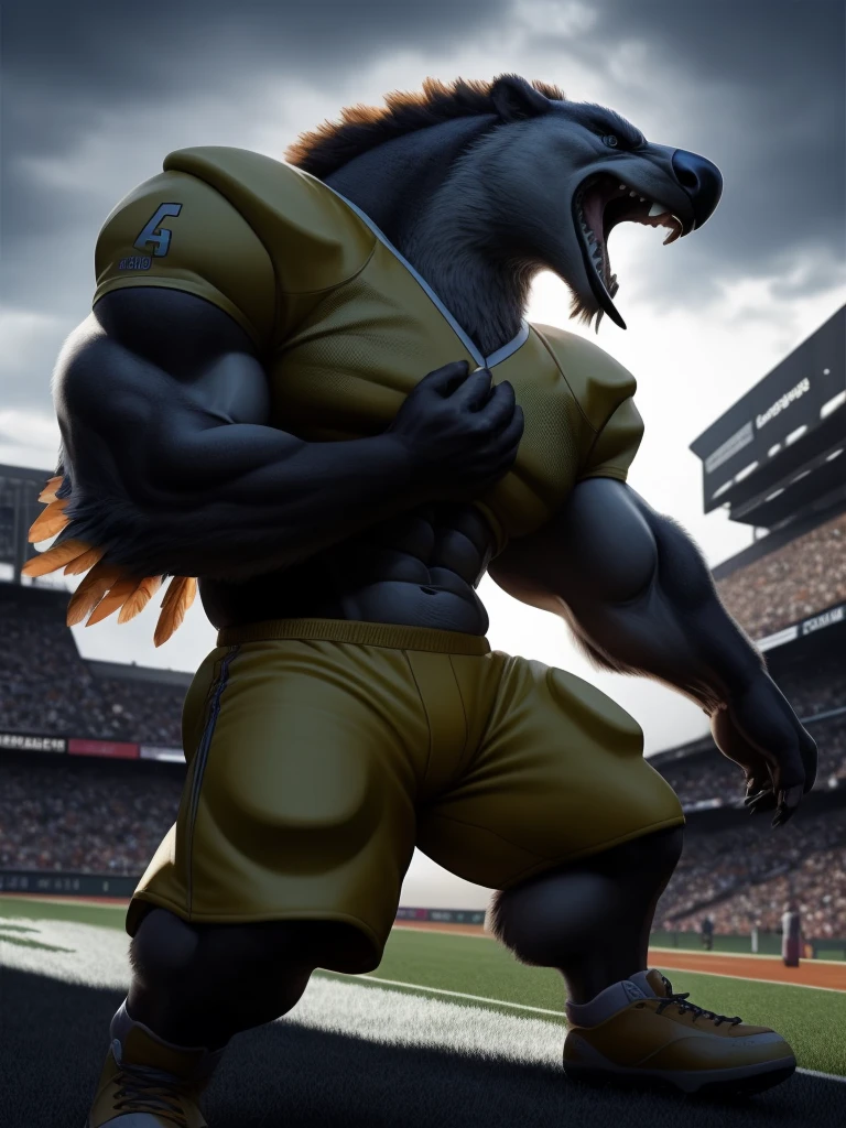 Furry, Kemono, Leon, Leomon, Digimon, solo, Antro body, Bigg Ass, Male Bulge, masculine, Full body, Feet, Braided Mane, Black leather harness, Spiked Anklet, White fitted fundoshi, (white Fundoshi) , Roman arena with public in the stands, Blue Sky Background with Green Grass Meadow, Blue Pupil Eyes, High Resolution, 4K Detailed, Good Lighting, Beautiful, Photorealistic, Realistic, japanese Fundoshi, (white loincloth), tale, tale Leon, black claw nails