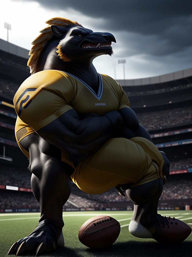 solo, scottish terrier, three identical heads on one body, bald, thin mustaches, scottish terrier ears, tail, masculine, necks, pixar eyes, nipple piercing, adult, male, 50 years old, by dramamine, (fat, tall, dadbod, chubby, big belly, sweaty, black fur, rugby field background, (shirtless, nude, flaccid penis, hairy testicles, big nipples), correct hands, correct anatomy, (ultradetailed, best quality, detailed masterpiece, highly detailed masterpiece, 4k, professional cartoon), (natural pose, running:1.3, angry shouting)