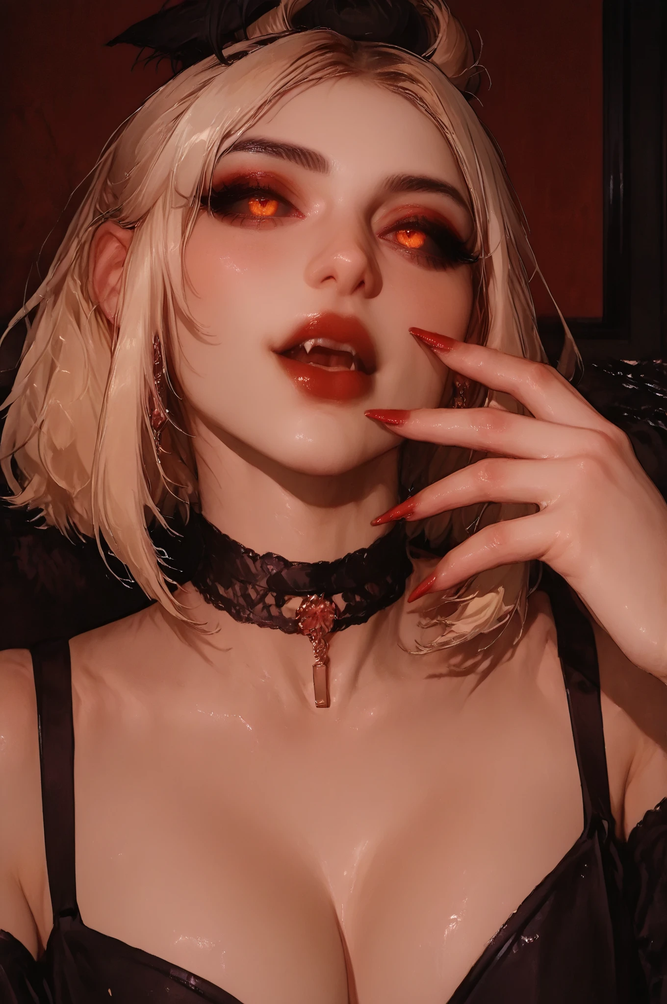 nsfw, Gothic horror, 1 erotic vamp, solo, mature sexy adult, evil MILF, lady from hell, vampire beauty, femme fatale, evil apostle of darkness, peerless beauty, (((((👄, 👅, Sensually Baring Her Fangs, Vampire Bite),(slyly looks), (Cruel grinning slit eyes), (evil roguish smile))))), a Vampire Kiss, masterpiece, perfect anatomy, ideal facial features, ideally proportioned figure, perfectly beautiful body, Has a sharp look in their eyes, makeup, sensual Blonde, Very short, pixie cut, Beautifully detailed eyes, double eyelid, (eyeliner:1.2), mascara, eyeshadow, golden eyes, Beautifully detailed nose and nostrils, Beautifully detailed lips, (lipstick:1.1),(Dark red lips, glossy lips), (Vampire Fangs), tongue, saliva, Focus only on the mouth, Woman mouth close up, from front, glaring at you
