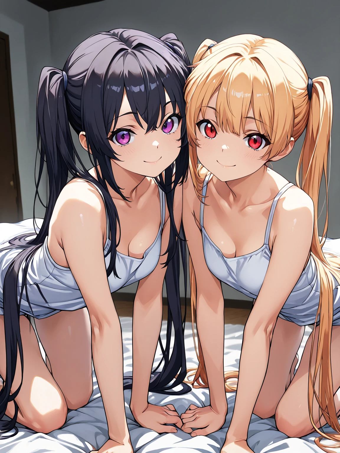 (cute eyes:1.2), (sparkling eyes:1.2), (8K、Best image quality、highest quality、masterpiece)、Detailed face、(2 girls)、Improve、(Black Hair, Purple Eyes, long hair)、(open mouth), (embarrassed), (skinny body:1.3),(small breasts), (Naked Towel:1.2), (cleavage), Sit on a chair, Classroom Background, (Waistline:1.1),(close-up shot of bust), (from above:1.2)