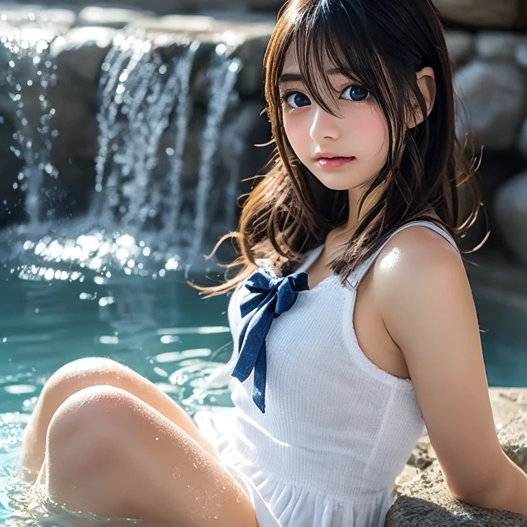 masterpiece、Underwear with extremely small area、16 year old high school girl、(ponytail)、(((quite small head:1.4)))、Open your legs and show your crotch、get down on one knee、sit on the bed、(black hair)、(Live shooting:1.2)、(photorealistic:1.4)、cute smile、embarrassing、show your whole body、lace white underwear、(((The wet genitals are clearly visible)))、(((It&#39;s wet and my nipples are visible)))、View from the front、textured skin、anatomically correct、SFW、highly detailed eyes and face、pretty fingers、(Enhances the beauty of skin texture:1.1)、High resolution、8K wallpaper、movie lighting