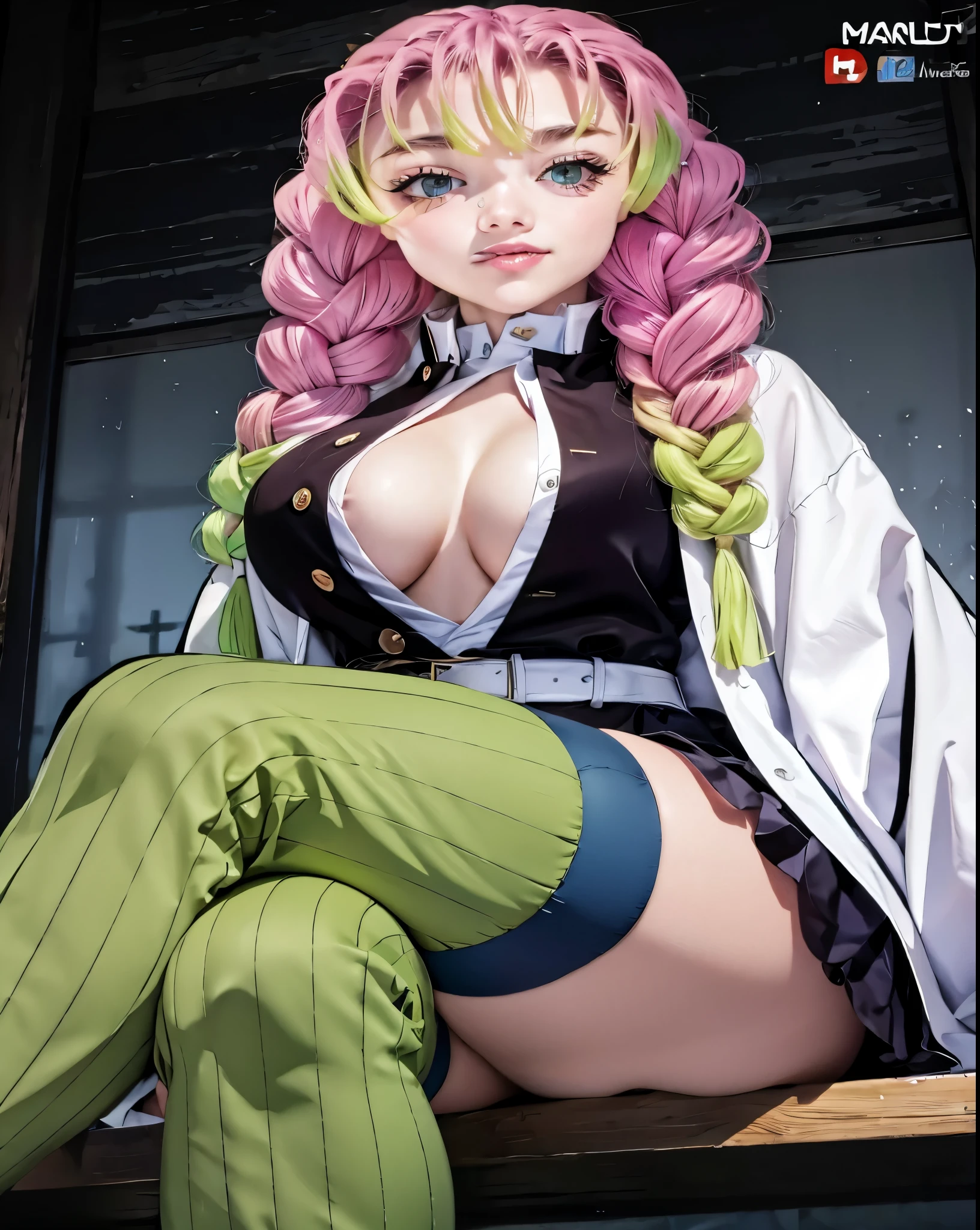 detailed face, detailed eyes, detailed skin, extremely detailed, intricate details, mitsuri kanroji, braid, zh_mushyee_normalgirl, Emmy Rossum, zh_mushyee_cosplaygirl, pale skin, tattoo, freckles, lips, gradient hair, (green eyes:1.5), green hair, long hair, mole, mole under eye, multicolored hair, pink hair, twin braids, two-tone hair, looking at viewer, solo, thin waist, slim, hourglass figure, medium breasts, belt, black skirt, cleavage, coat, demon slayer uniform, haori, japanese clothes, long sleeves, miniskirt, partially unbuttoned, pleated skirt, skirt, uniform, thighhighs (masterpiece, best quality, high resolution:1.4), (seductive pose:1.2), (dynamic angle), detailed fantasy background, fcDetailPortrait, detailed face, detailed eyes, detailed skin, extremely detailed, intricate details, casual photography, HDR, natural light, (anti-aliasing:1.2), elegant, soft scattered light, realistic proportions, limited palette, backlit, accent lighting, (neutral colors:1.3), cross process, cinematic lighting, coherent light, coherent shadows, cowboy shot,