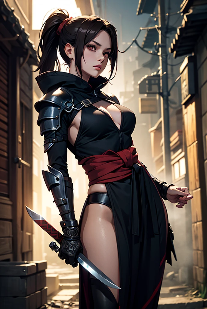 masterpiece, 最high quality, high quality, High resolution, high quality texture, high quality shadow, High Detail, Beautiful details, Detailed, Extremely detailed CG, Detailedテクスチャー, a Realistic representation of the face, Realistic, colorful , delicate, Cinematic Light, Side light, Lens flare, Ray Tracing,tailed beautiful delicate face, detailed beautiful delicate eyes,Beautiful Eyes，Detailed髪，Soft Hair，Well-shaped lips，ninja, bare shoulders, detached sleeves, cleavage，Crouching with legs apart，Black see-through underwear，cameltoe，night，Female ninja，Ninja，Black tight short skirt，Detailed cloth texture