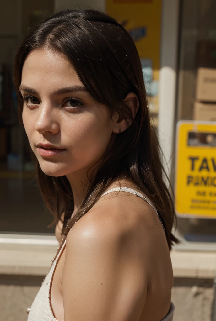14 year old in tight orange dress, very low V-neck, spaghetti strap, small breast, hard nipples, barefoot, small breast, hard nipples, in a beach town, walking down the street, wind blowing, view from across the street, sideways view