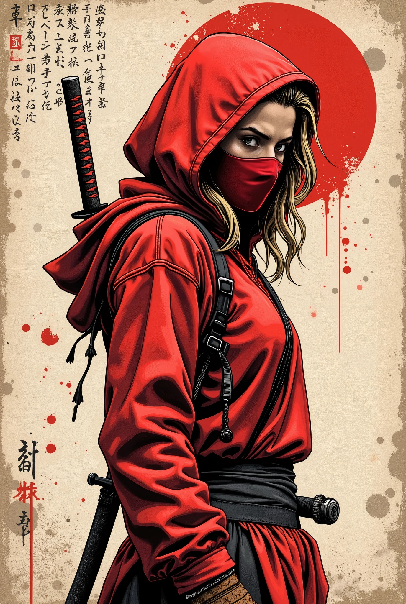Young western ninja. She looks down seriously. Red ninja mask on her face. vista lateral. The body is effectively curved. seios pequenos. Shoulders are thrown back. The arms are loosely lowered along the body. The head is slightly turned to the observer. A piece of long, wavy blonde hair, escaping through the red hoodie that covers your head and falls over your shoulder. A modern red ninja costume with long sleeves and tight to the body. brown leather gloves . A katana with a red hem on the other side. Sepia image .The background is an old wall, gasta e suja, once painted white. Caligrafia japonesa , Hieroglyphs. A large stylized red ensö, carelessly painted with a large brush. Cuts and splashes of red ink. The texture of the worn wood . Splatters of dirt They scratch the entire surface of the lower part. The overall artistic style is colorful and slightly rough, como um velho, beaten poster. The color scheme is soft and dark. The emphasis is on the details and the feeling of calm, poder. Conecte-se, No estilo samurai, ink graphics. linhas de movimento, Framed within a frame. obra-prima, super detalhe, 8k