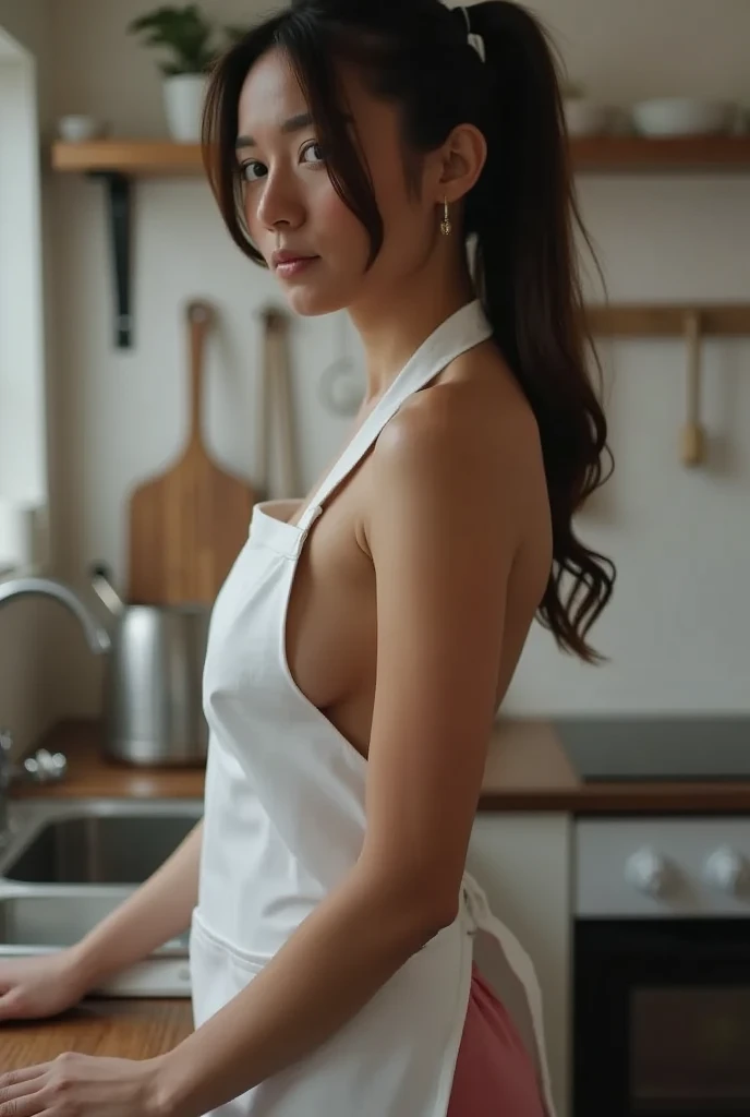 European girl with brown hair, grey eyes, hairlong, beatiful face, pale face, Beautifully styled hair, thin lips, rosy cheeks, standing by the stove in the kitchen in cool shades, prepares meals, standing in one chef&#39;s apron, in a cooking apron, beautiful neckline on the apron, beige apron, sexypose, arched back, ass in front of the camera, butt covered with chef&#39;s skirt, Correct anatomy of the hands, Correct anatomy of the fingers beautiful succubus, grey eyes, ((derevschikova:1.5)), beautiful alluring , perfect nose, ultra beautiful, with her long, perfect beautiful, realistic , epic beautiful, 8k, fuji xt3, not cropped, premium wide open city ” busty dd cup bra