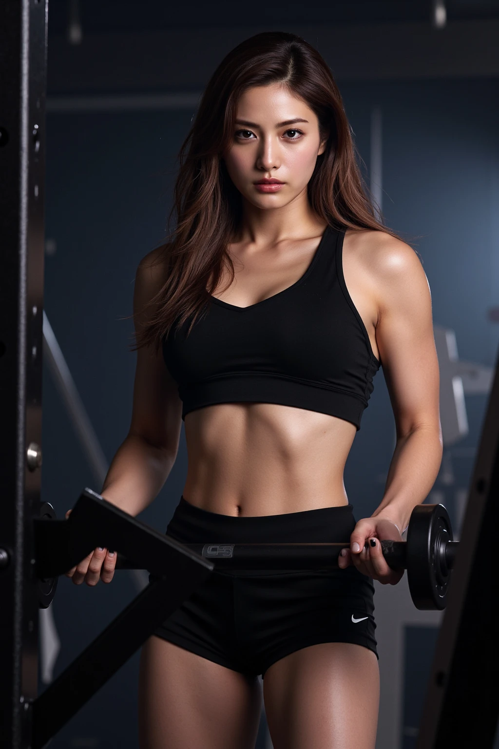Highly detailed CG Unity 8k wallpaper, top quality, super detailed, masterpiece, realistic, photo realistic, very detailed cute girl, 25 years old, Muscle, abs, round eyes, viewer, blush, parted lips, half body shot ,
sportswear , gym, back shot ,