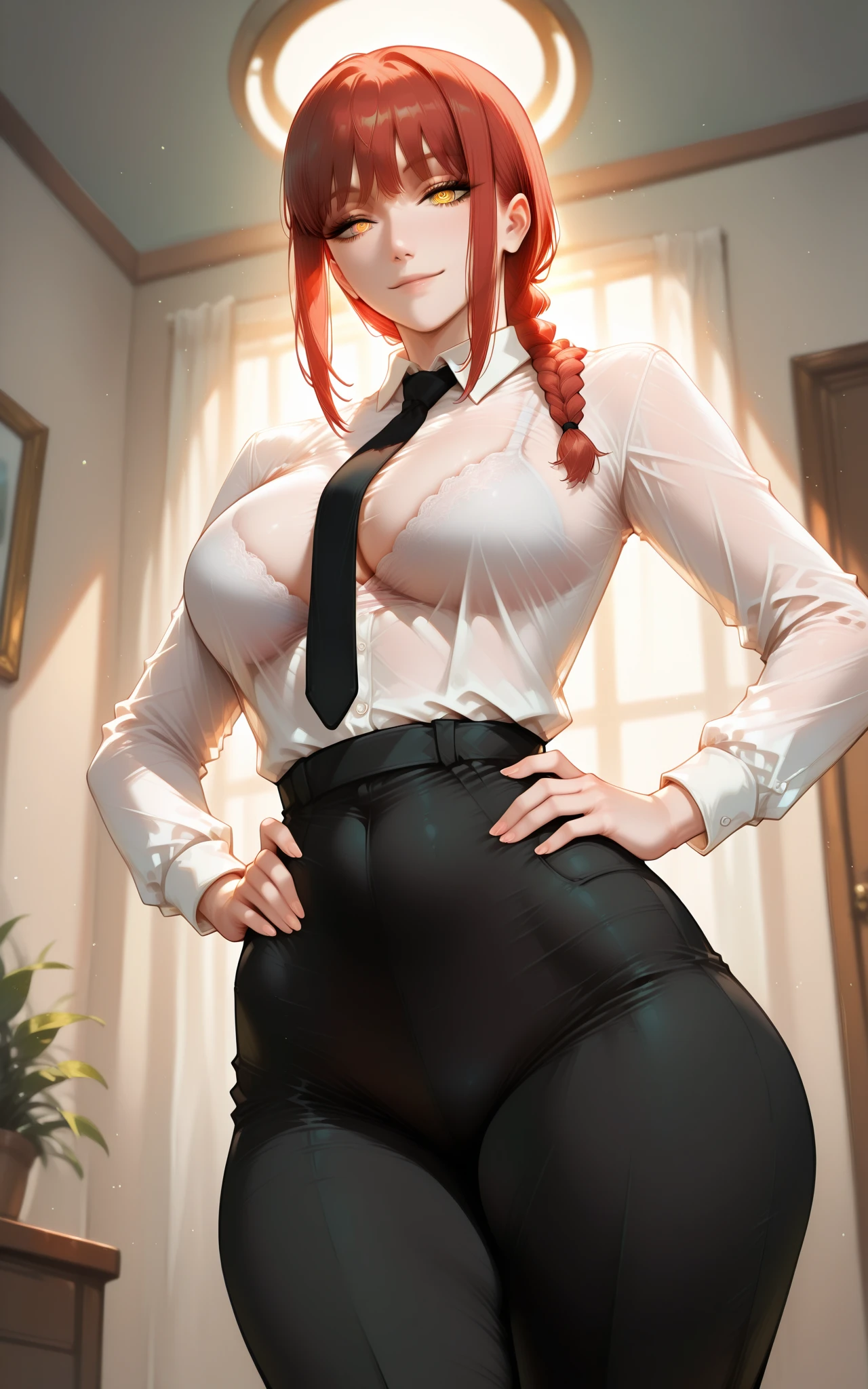 (masterpiece), (high quality), ginger hair, curly hair, long hair over shoulders, glasses, golden eyes, cute smile, sitting in bed, big boobs, slim waist, white bra top, (cleavage), white panties, bedroom, looking at viewer, thick thighs, long white pantyhose