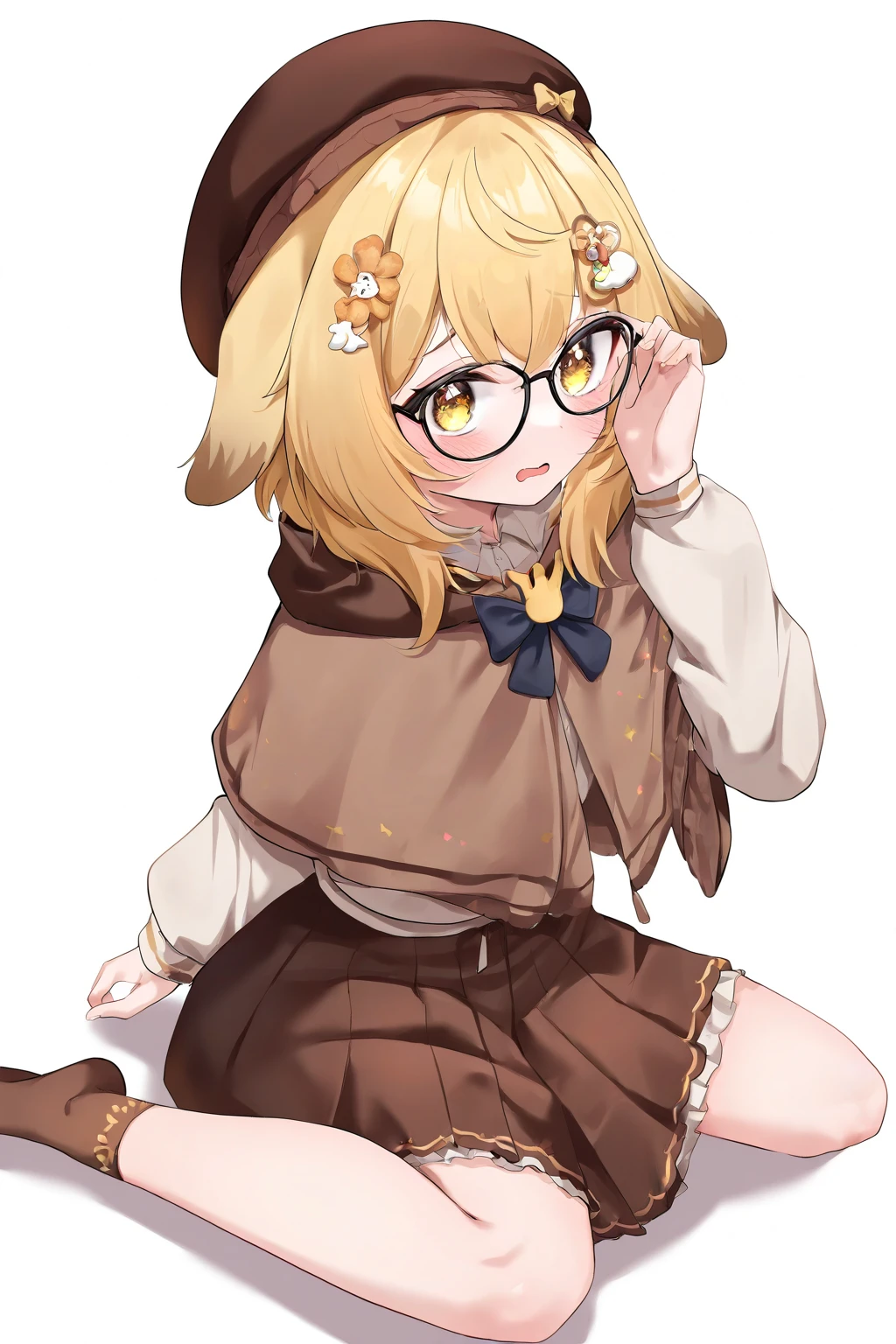 best quality, masterpiece, highres, solo, (utage_arknights:1.10), 1girl, beret, black headwear, black jacket, black skirt, collared shirt, glasses, long sleeves, looking at viewer, miniskirt, neck ribbon, official alternate costume, open jacket, pleated skirt, red ribbon, simple background, white background, black shirt, garter straps, smile, yellow thighhighs, medium hair, open mouth, sitting, yellow pantyhose, blush, holding pen, 0 <lora:utage_arknights:0.80>
