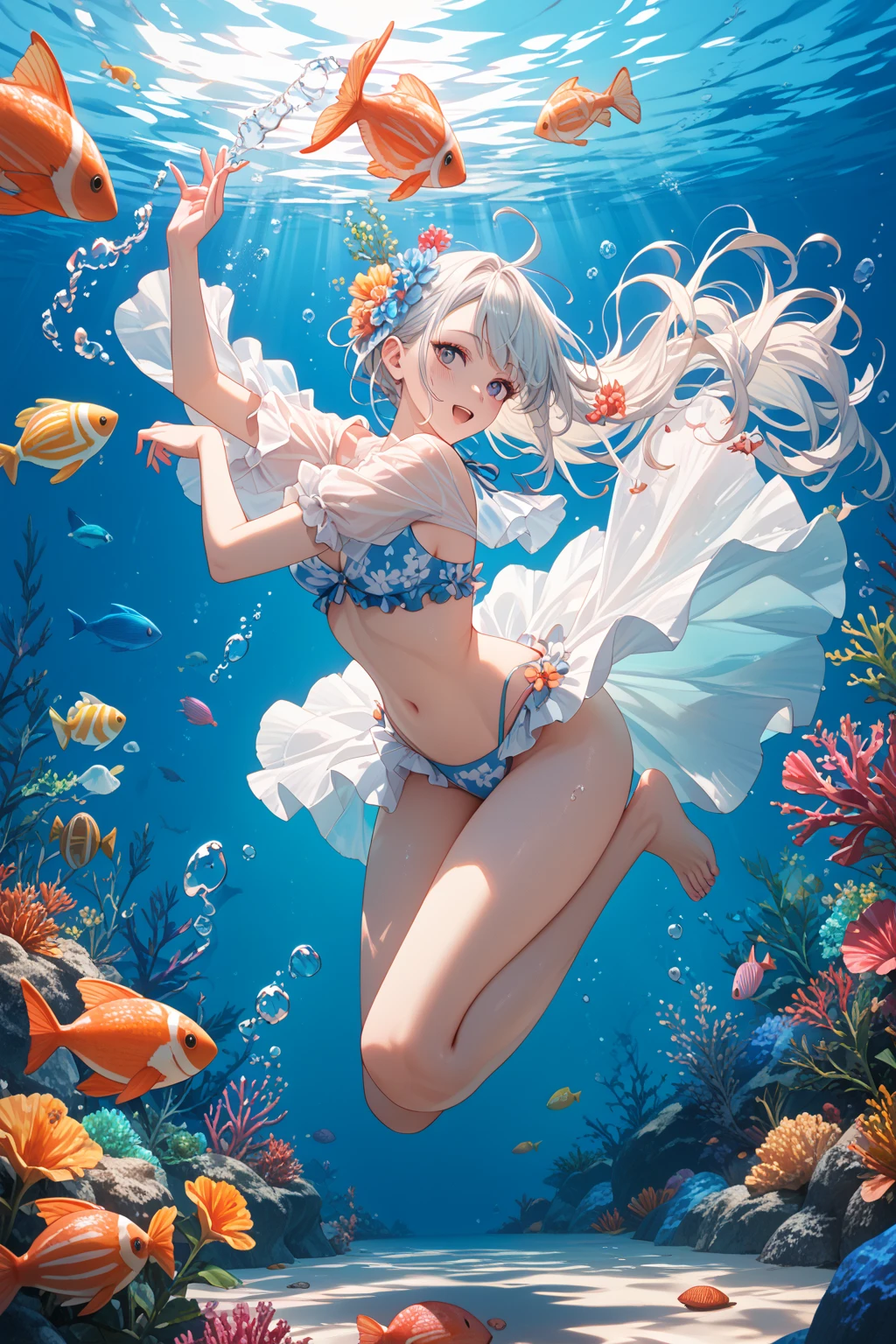 best quality, 4K wallpaper, masterpiece, extremely detailed CG unity 8k wallpaper, extremely detailed eyes, ultra-detailed, 1girl, SummerStyle, silver hair, yellow eyes, bikini, jewelry dress, earrings, necklace, hair ornament,  outdoors, undersea, water splash, full body, <lora:SummerstyleArt:1>