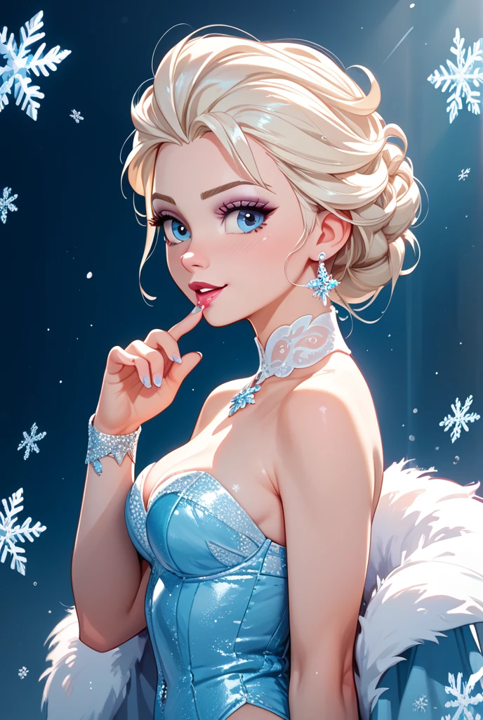 Portrait  shot,  elsa from frozen holding a star in her hand and a mountain in the background with snow flakes on it, disney, snow, a detailed matte painting, magical realism, disney artwork, (dreamlikeart style:1.0), ( redshift style:1.0), (analog style:1.2), (disney style:1), (copeseethemald style:0.8), (thepit bimbo:0.9), (glossy:1.0), high quality, good artist, porn, nsfw , small boobs, nude, detailed face, detailed boobs, deep cleavage , looking into the camera