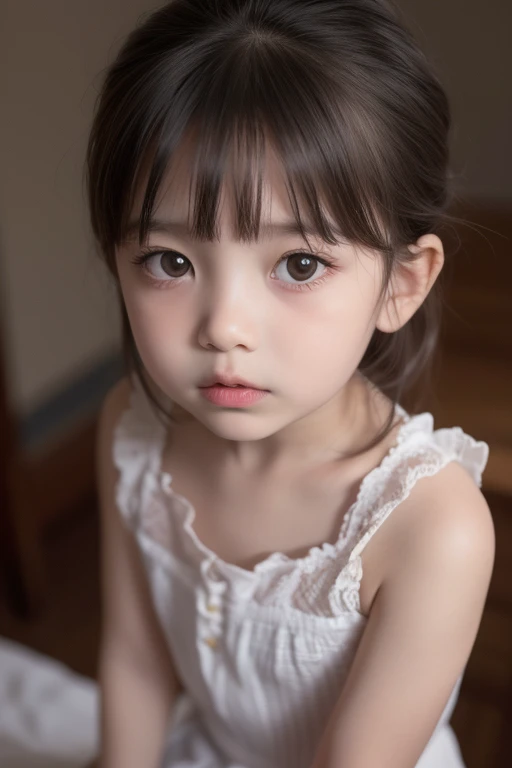 (best quality, masterpiece:1.4), ultra high res, 8k, ultra-detailed, (photo-realistic:1.2), RAW photo, perfect anatomy, detailed face, detailed eyes, detailed skin, 1girl, cute, Japanese, (little kid girl:1.3), bun, bangs, standing, white dress, black hair, soft light, cinematic lighting, cinematic shadows, (looking at viewer:1.2)