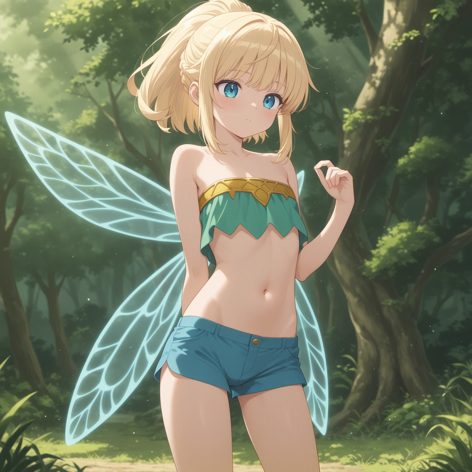 A really cheerful and light hearted blonde female tomboyish fairy. Androgynous looking. She is a fae with fairy wings. She has tanned skin. A bright smile. A big nose. Big green eyes. Very short hair. Her hair is dark-blonde, short and very wild and uncontrolled. Everything about her is abount freedom, happiness and wildness. She is very small. Thin. Very small ???????. Thin ???? and legs. Tomboy. In a glooming magical forest. 