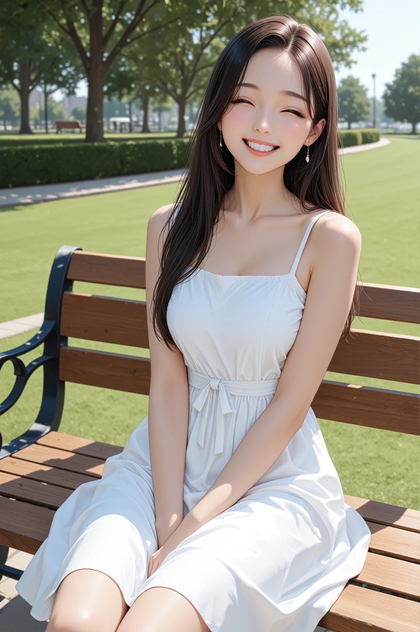In this visually descriptive prompt、、, The girl walks along the road parallel to the railroad tracks.., She greeted the day cheerfully with her right hand raised... the morning light illuminates her face, Let your smile stand out against the backdrop of the ocean. Her hair is adorned with a delicate floral headpiece, Add femininity to the scene.